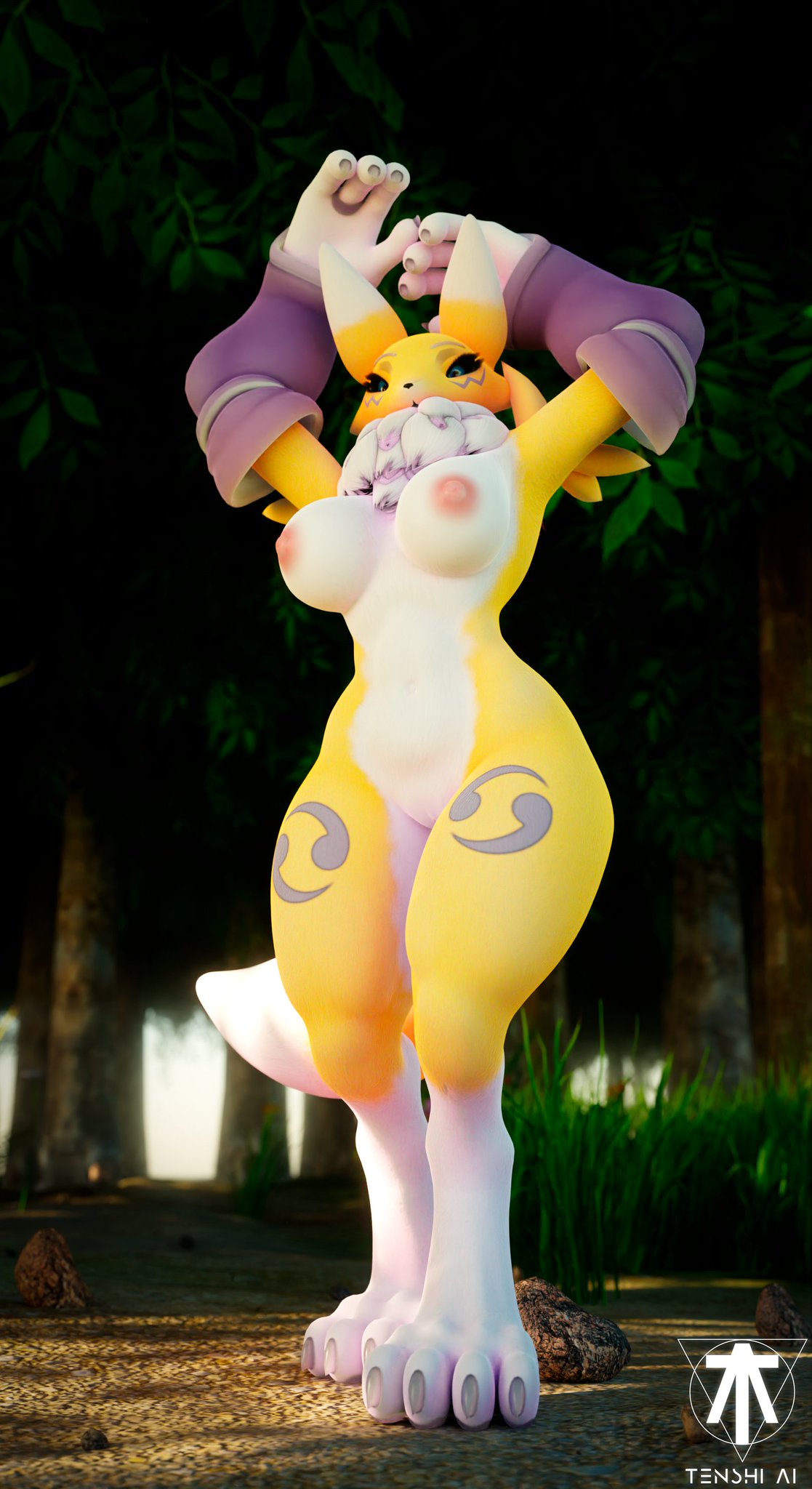 1girls 3d 3d_(artwork) anthro areolae bandai_namco big_breasts breasts curvy digimon digimon_(species) female female_only forest furry hi_res nipples renamon renamon_(dogzeela) tenshi_ai thick_thighs voluptuous