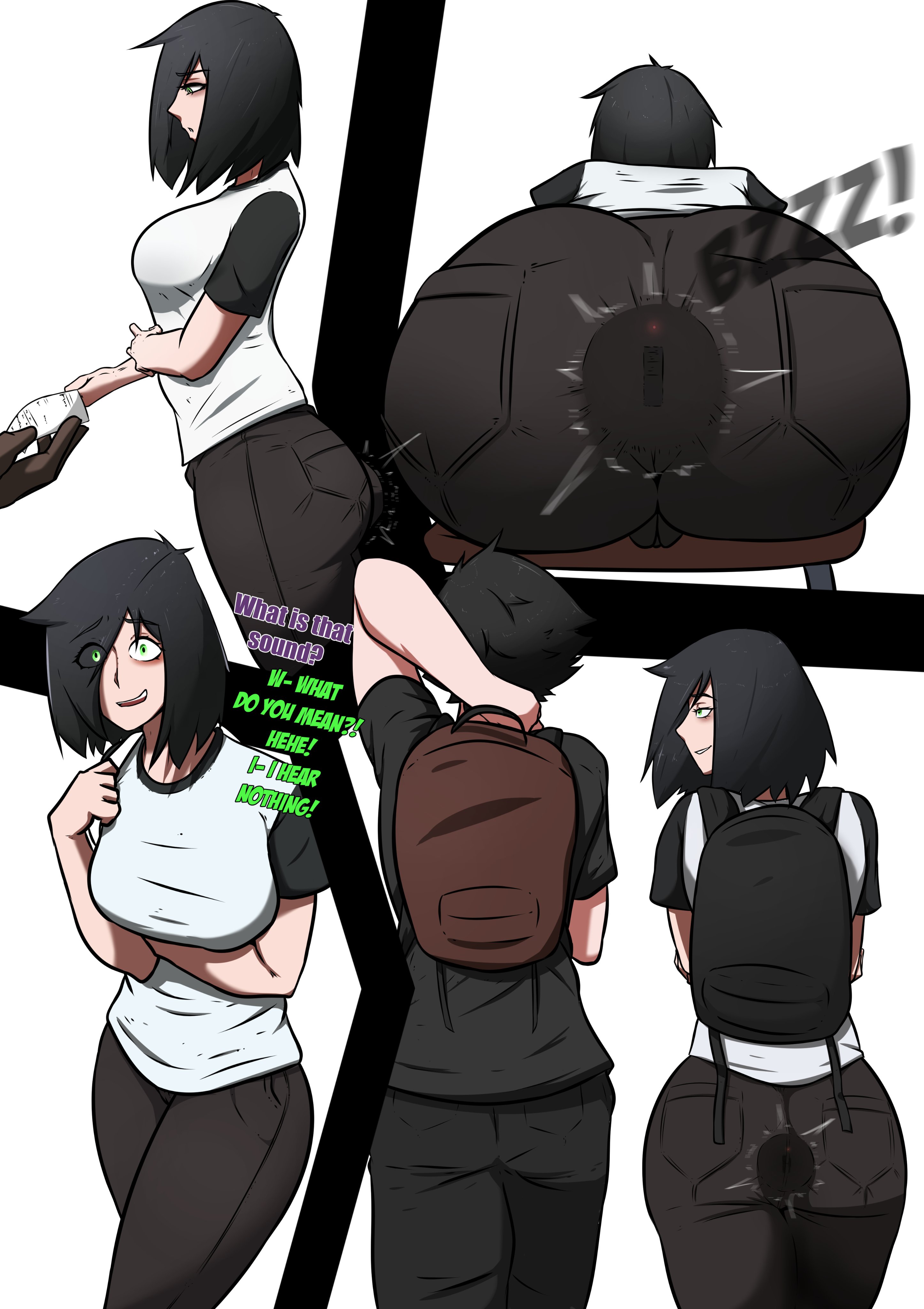 1boy, 1girls, anal plug, ass, ass crack, big areola, big ass, big breasts, big butt, black hair, black pants, breasts, butt crack, buttplug, buttplug under clothes, cody (microchip), comic page, english, english dialogue, english text, female, green eyes, hair between eyes, hair over one eye, jean shorts, large breasts, light skin, light-skinned female, light-skinned male, male, microchip (artist), nervous, nervous smile, panels, pants, quinn (microchip), sex toy, sex toy in ass, sex toy insertion, short hair, smile, smug, tomboy, vibrating buttplug, vibrator, white background