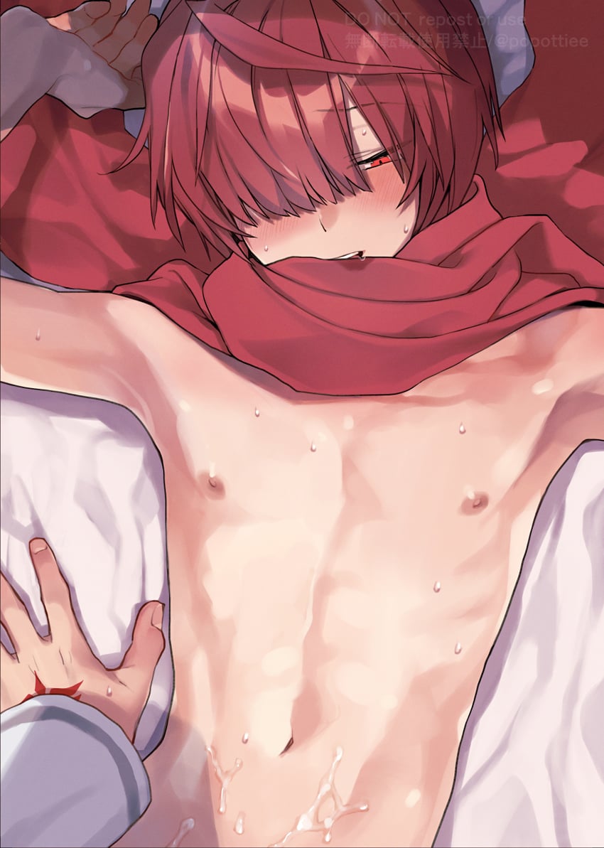 2boys armpits_arms_up bed_sheet blunt_bangs blush body collarbone commentary_request cowlick cum cum_on_body cum_on_boy cum_on_lower_body cum_on_stomach embarrassed embarrassed_nude_male fate/grand_order fate_(series) femboy fujimaru_ritsuka_(male) fuuma_kotarou_(fate) hair_over_one_eye highres implied_yaoi long_sleeves looking_away male male_focus male_only mostly_nude multiple_boys muscular_femboy navel nipples no_visible_genitalia open_mouth otoko_no_ko pectorals potti-p pov red_eyes red_scarf scarf shadow shiny_skin short_hair shy sidelocks teeth upper upper_teeth_only yaoi