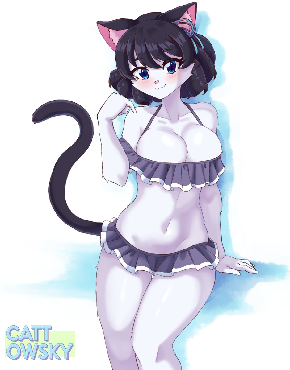 bikini black_hair blue_eyes cat_ears cat_tail cattowsky cyan_(show_by_rock!!) cyan_hijirikawa furry sanrio show_by_rock!! swimsuit