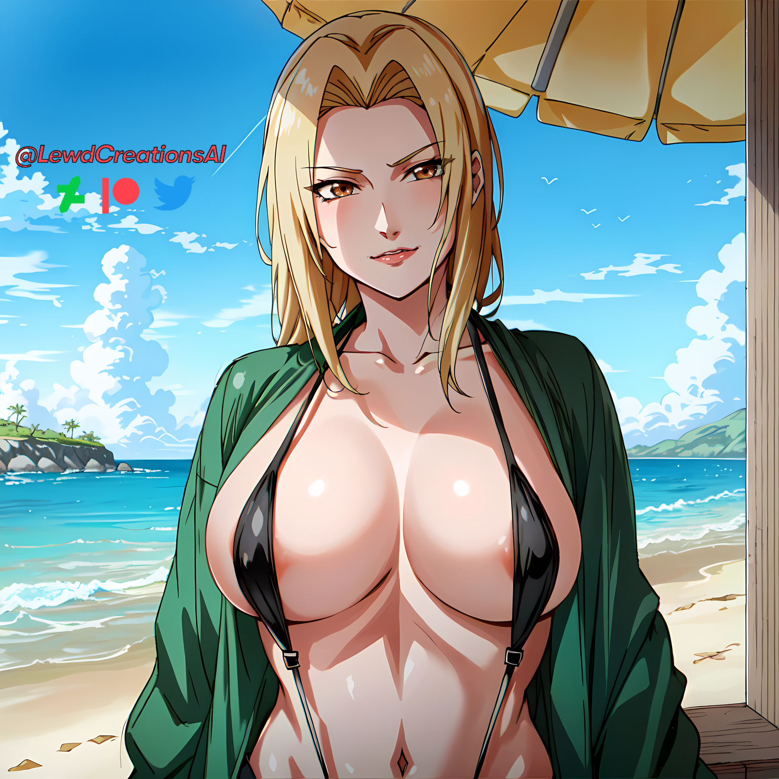 1girls, ai generated, big breasts, bikini, blonde hair, blush, breasts, female, female only, huge breasts, large breasts, lewdcreationsai, makeup, mature, mature female, micro bikini, naruto, naruto (series), naruto shippuden, oppai, pinup, plump, pose, posing, skimpy, skimpy bikini, sling bikini, slingshot swimsuit, small bikini, solo, solo focus, stable diffusion, sweat, top heavy, tsunade
