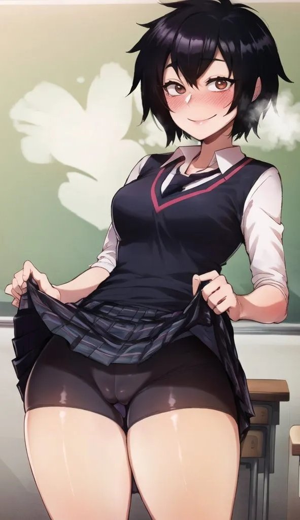 1girls, ai generated, asian, asian female, bare thighs, big breasts, bike shorts, black hair, blush, breasts, brown eyes, cameltoe, classroom, clothed, clothing, cute, female, flashing, fringe, fully clothed, human, japanese, large breasts, light skin, light-skinned female, looking at viewer, marvel, marvel comics, medium breasts, medium hair, naughty face, pale skin, pale-skinned female, peni parker, petite, presenting pussy, pussy, school uniform, schoolgirl, short hair, shy, skirt lift, slim, smile, spider-man (series), spider-man: across the spider-verse, spider-man: into the spider-verse, stable diffusion, teenager, thighhighs, tomboy, young