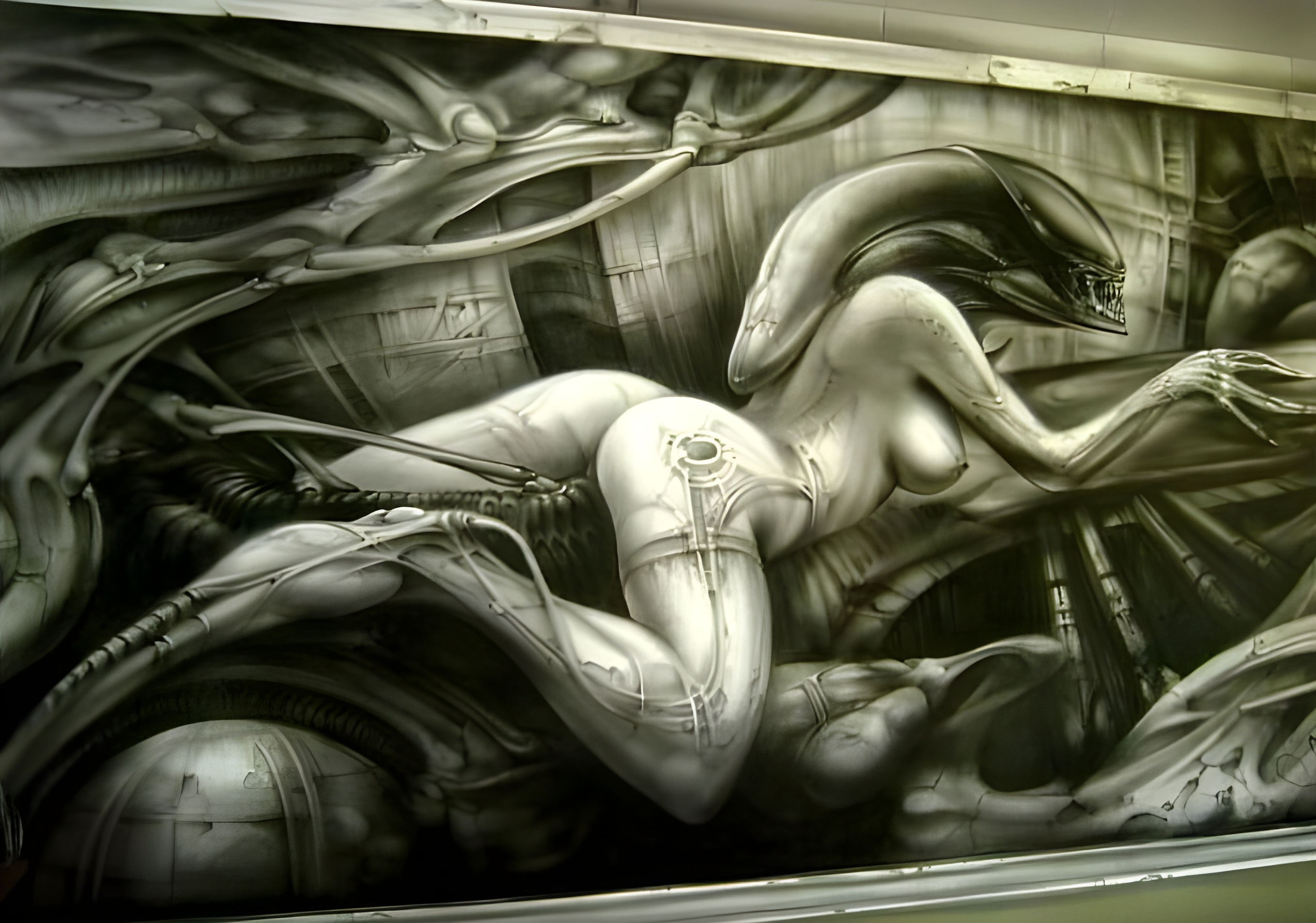 1girls, 2d, alien, alien (franchise), alien girl, areolae, ass, breasts, female, female only, female xenomorph, h.r. giger, large breasts, monochrome, nipples, nude, solo, solo female, thick thighs, thighs, upscaled, xenomorph