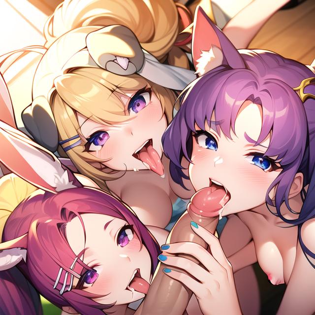 1boy 2023 3girls ai_generated ai_hands ai_penis anime_nose big_breasts big_penis blonde_hair blowjob blue_eyes breasts bunny_ears bunny_girl collaborative_fellatio cum cum_in_mouth dog_ears dog_girl fellatio fox_ears fox_girl handjob harem licking oral orgy penis pink_eyes pink_hair purple_eyes purple_hair stable_diffusion tongue