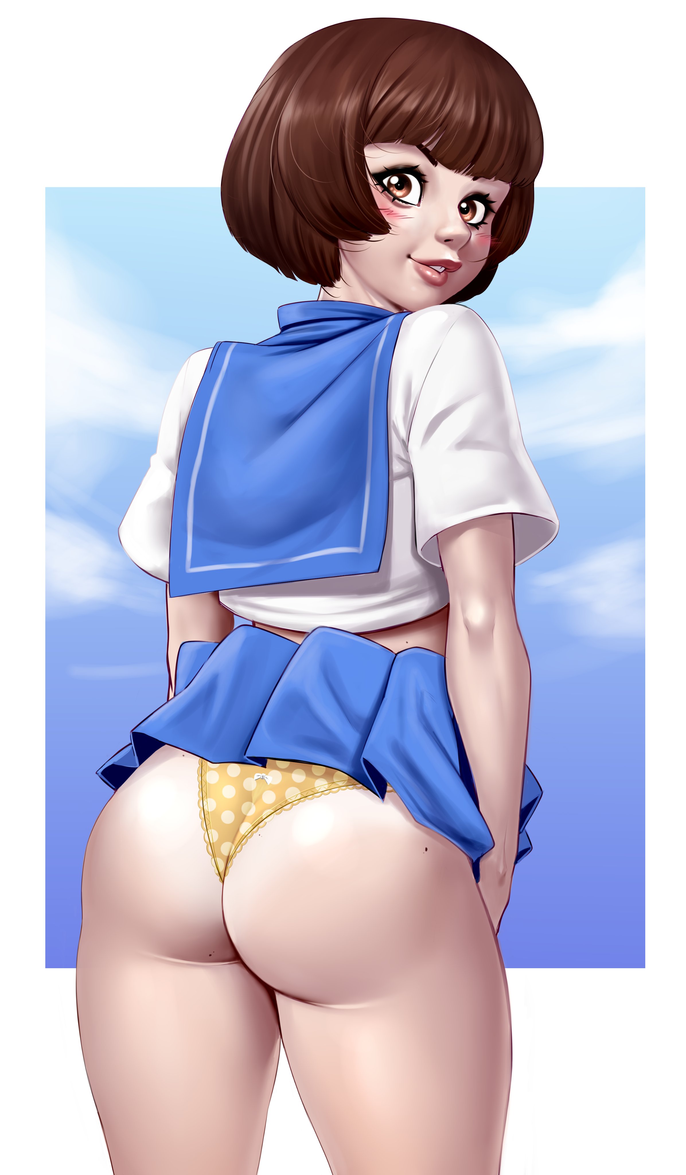 1girls, ass, blush, bowl cut, brown hair, clothed, clothing, exposed ass, female, female focus, female only, hi res, kill la kill, light skin, light-skinned female, looking at viewer, looking back, luenartt, mankanshoku mako, panties, rear view, school uniform, skirt, skirt up, solo, thighs, uniform