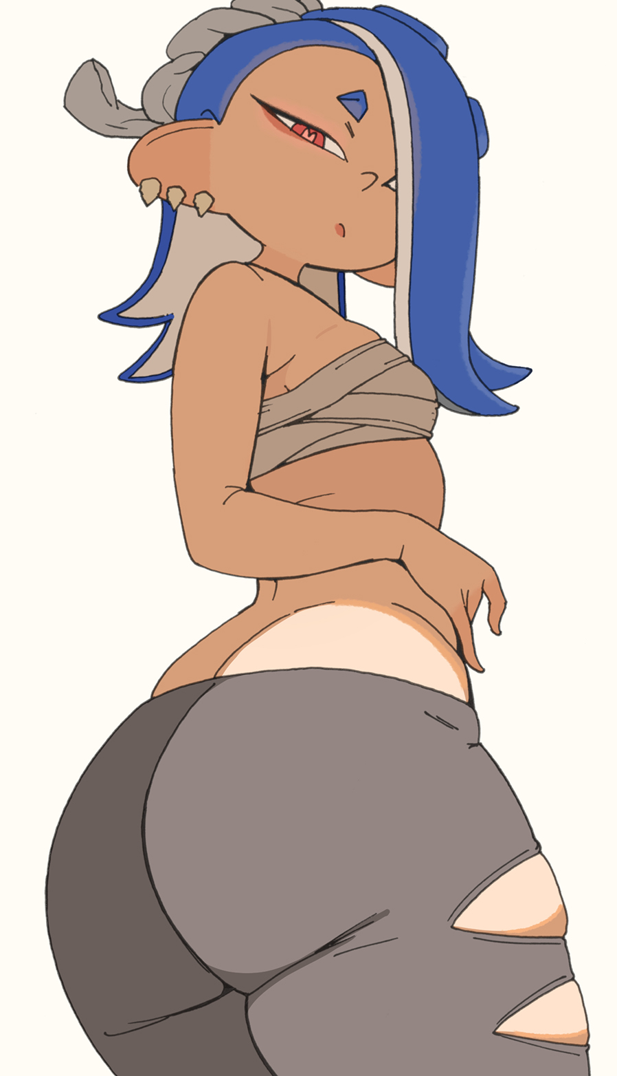 1girls, ass, asymmetrical hair, blue hair, breasts, bubble ass, bubble butt, ear piercing, female, hair over one eye, large ass, light skin, light-skinned female, long ears, medium hair, nintendo, octoling, perky breasts, red eyes, shiver (splatoon), skindentation, small breasts, splatoon, splatoon (series), splatoon 3, tentacle hair, thick thighs, tight clothing, yuta agc