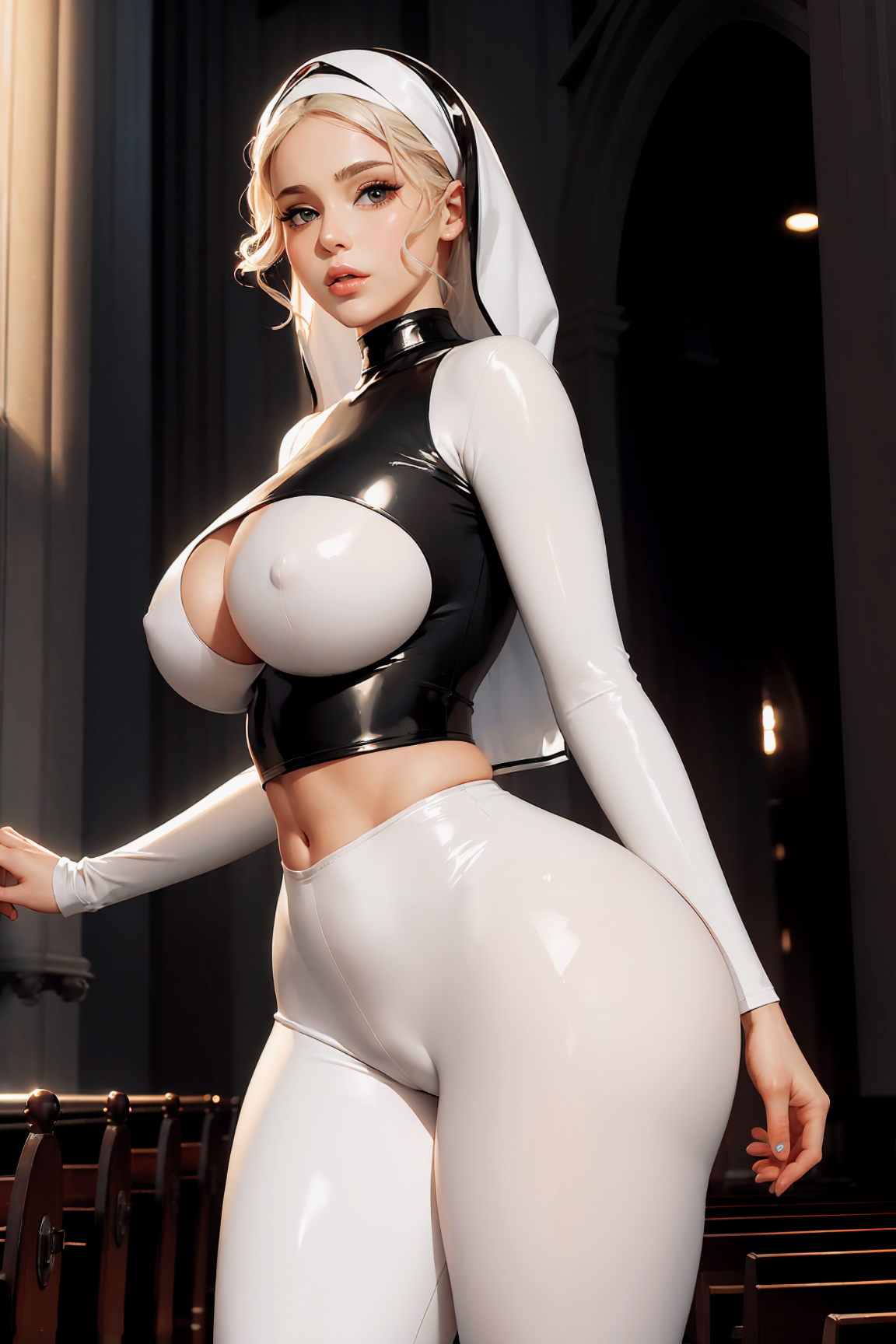 1girls, ai generated, breasts, church, church interior, curvaceous, curvy female, curvy figure, female, hi res, huge breasts, keyboard photo, mature female, nun, nun outfit, seductive look, solo female, solo focus, stable diffusion, voluptuous, voluptuous female