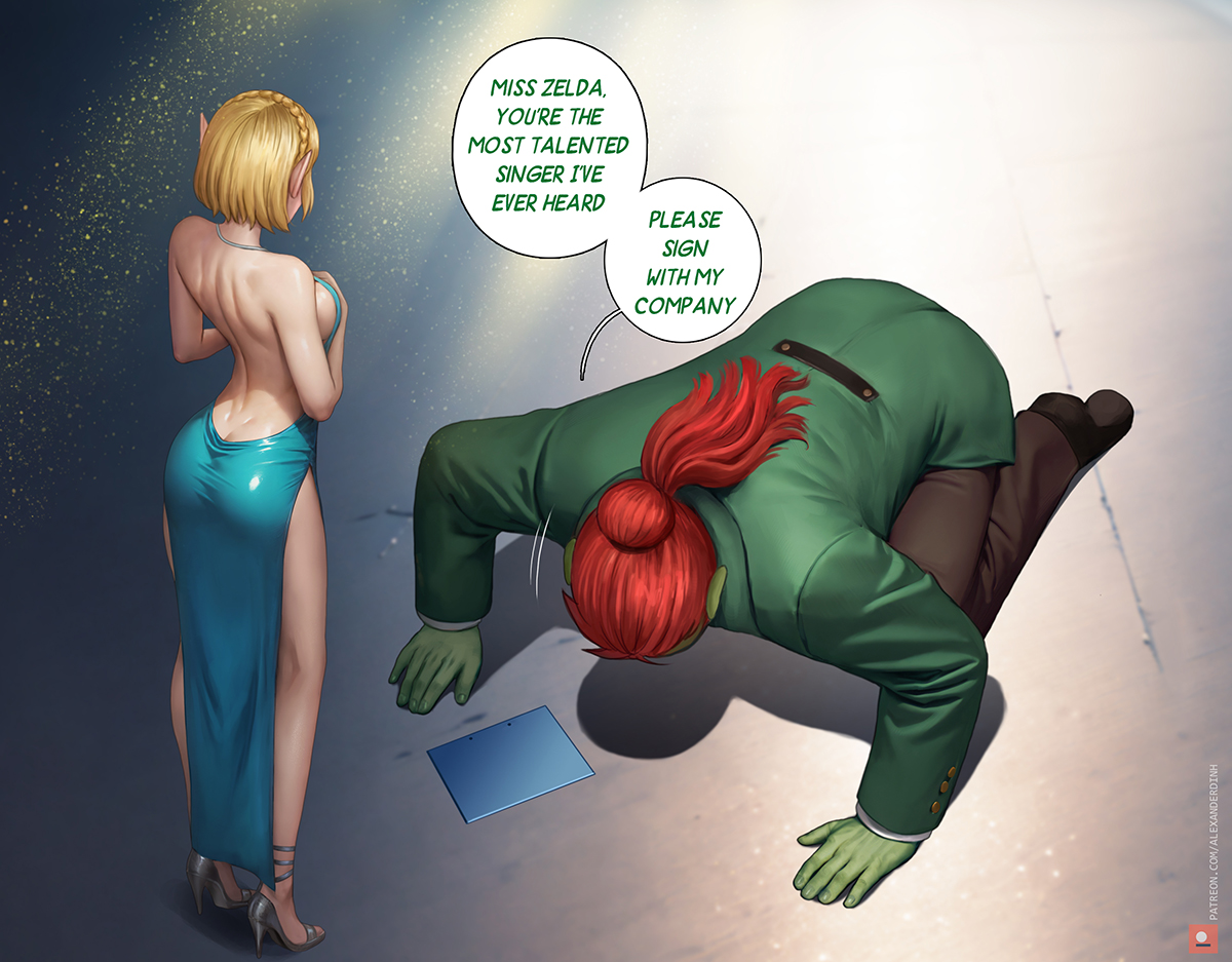 2023, alexander dinh, ass, begging pose, blonde hair, breasts, bubble ass, bubble butt, comic page, crown braid, curvaceous, curvy female, elf ears, english text, female, ganondorf, ganondorf (tears of the kingdom), heels, highres, long hair, long ponytail, long red hair, medium breasts, nintendo, patreon logo, patreon url, ponytail, princess zelda, red hair, safe for work, sfw, short blonde hair, short hair, sideboob, speech bubble, tears of the kingdom, the legend of zelda, zelda (tears of the kingdom)