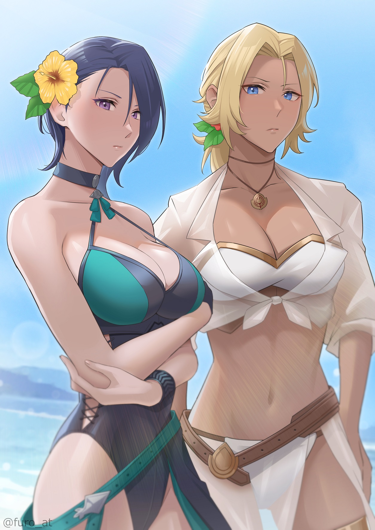 2girls, alternate costume, artist name, bikini, black one-piece swimsuit, black swimsuit, blonde hair, blue eyes, blue hair, blue sky, bracelet, breasts, catherine (fire emblem), choker, cleavage, closed mouth, cloud, commentary request, dark skin, dark-skinned female, day, female, female only, fire emblem, fire emblem heroes, fire emblem: three houses, flower, furo atsushi, hair flower, hair ornament, hibiscus, highres, jewelry, large breasts, multiple females, multiple girls, navel, necklace, nintendo, official alternate costume, one-piece swimsuit, outdoors, ponytail, purple eyes, purple hair, shamir nevrand, shamir nevrand (summer), short hair, sky, stomach, swimsuit, twitter username, watermark, white bikini, white swimsuit, yellow flower
