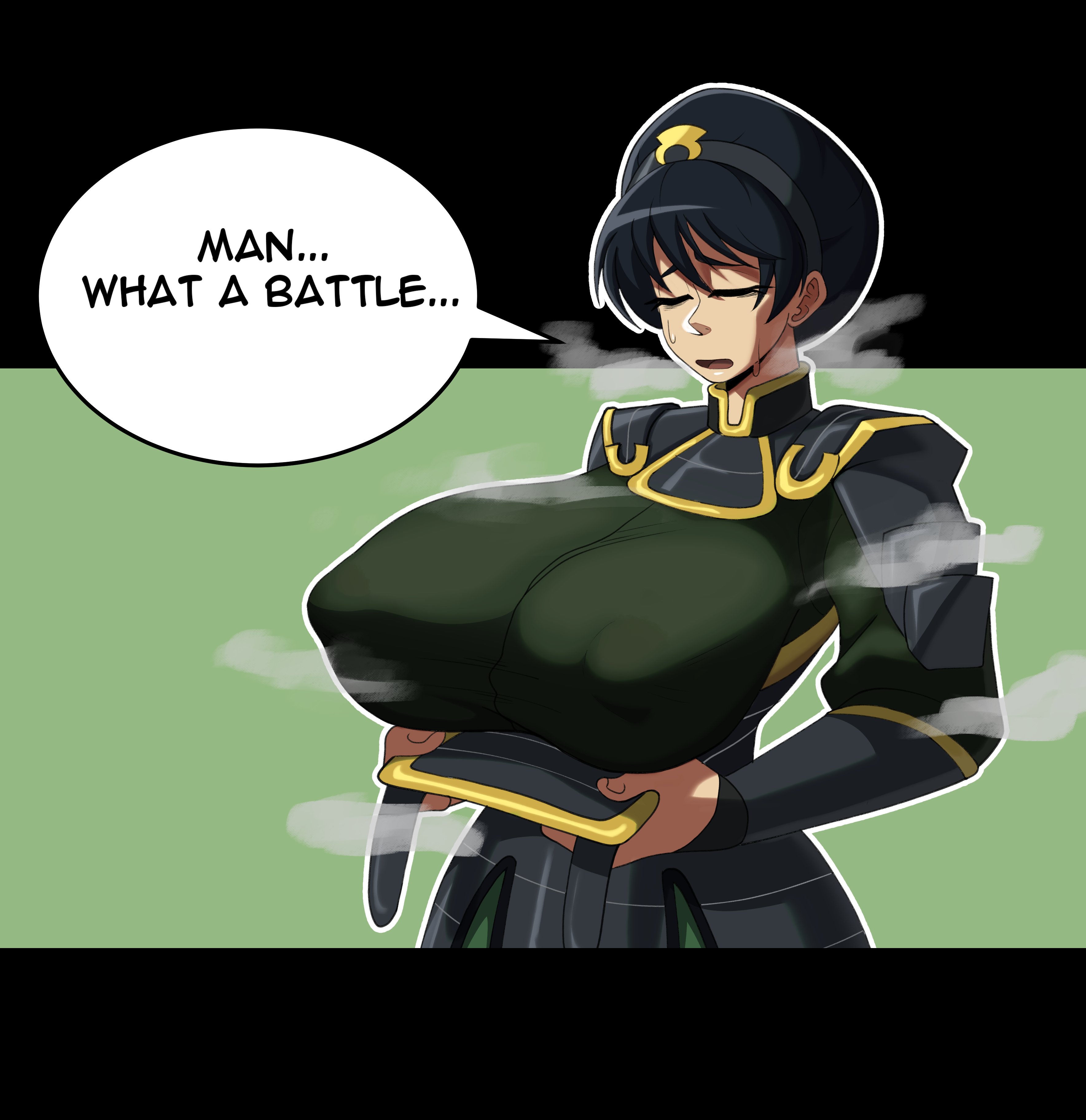 1girls, aged up, armor, avatar legends, avatar the last airbender, big breasts, black border, breasts, breasts bigger than head, closed eyes, clothing, english text, eyes closed, female, female only, fully clothed, hairband, huge breasts, nickelodeon, nipple bulge, relief, simple background, solo, speech bubble, steaming body, sweat, text, the legend of korra, toph bei fong, vertacularrld