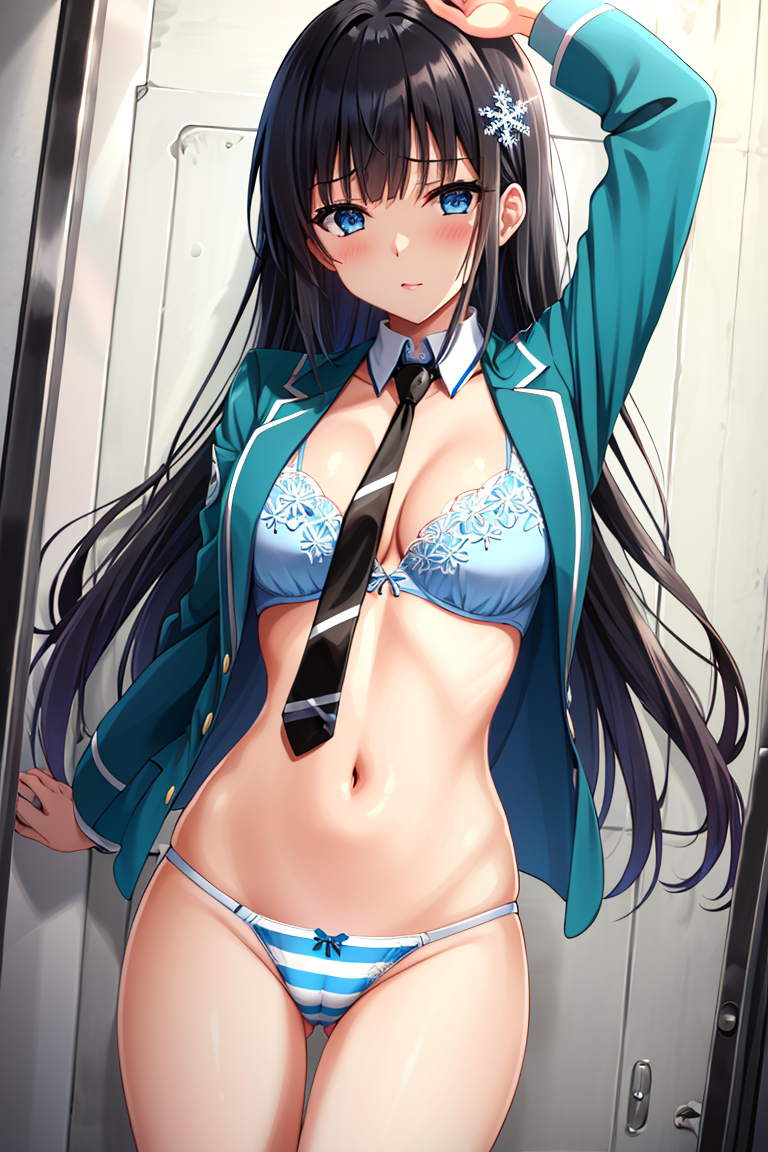 ai_generated alde black_hair blue_eyes mahouka_koukou_no_rettousei shiba_miyuki shy stable_diffusion thighs