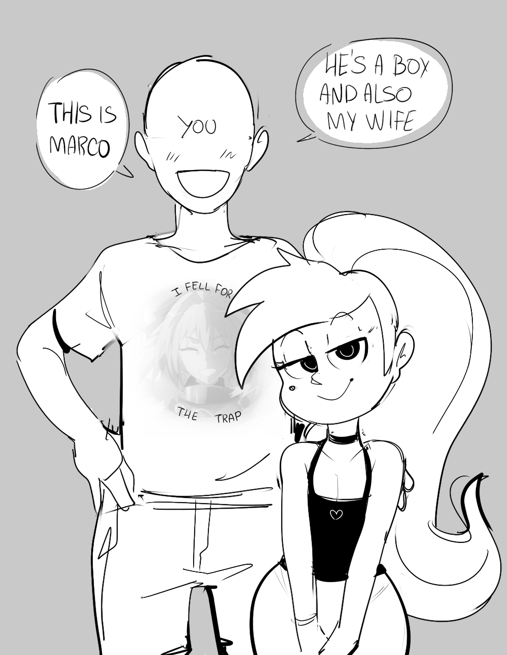 crossdressing, dbaru, disney, disney xd, femboy, grey background, long hair, male, marco diaz, mole, smile, star vs the forces of evil, text bubble