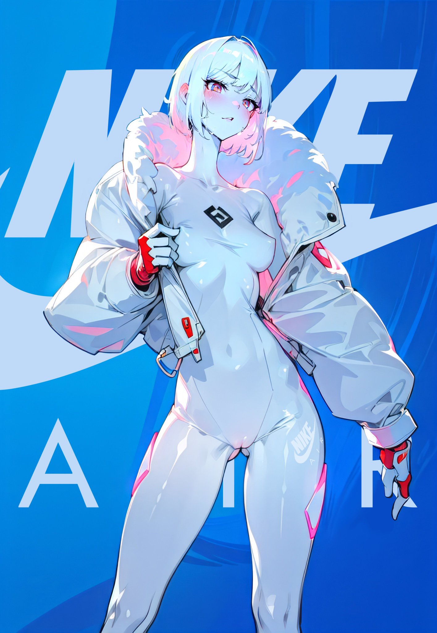 ai generated, airie (fortnite), cameltoe, female, fortnite, fortnite: battle royale, jacket, pinching nipples, pussy, skin tight, stable diffusion, tight clothing, white body, white hair, white skin