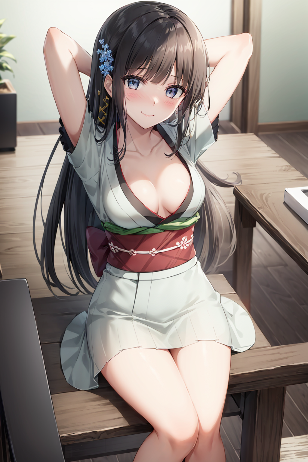 ai generated, black hair, blue eyes, female, mahouka koukou no rettousei, shiba miyuki, shy, sosos, stable diffusion, thighs