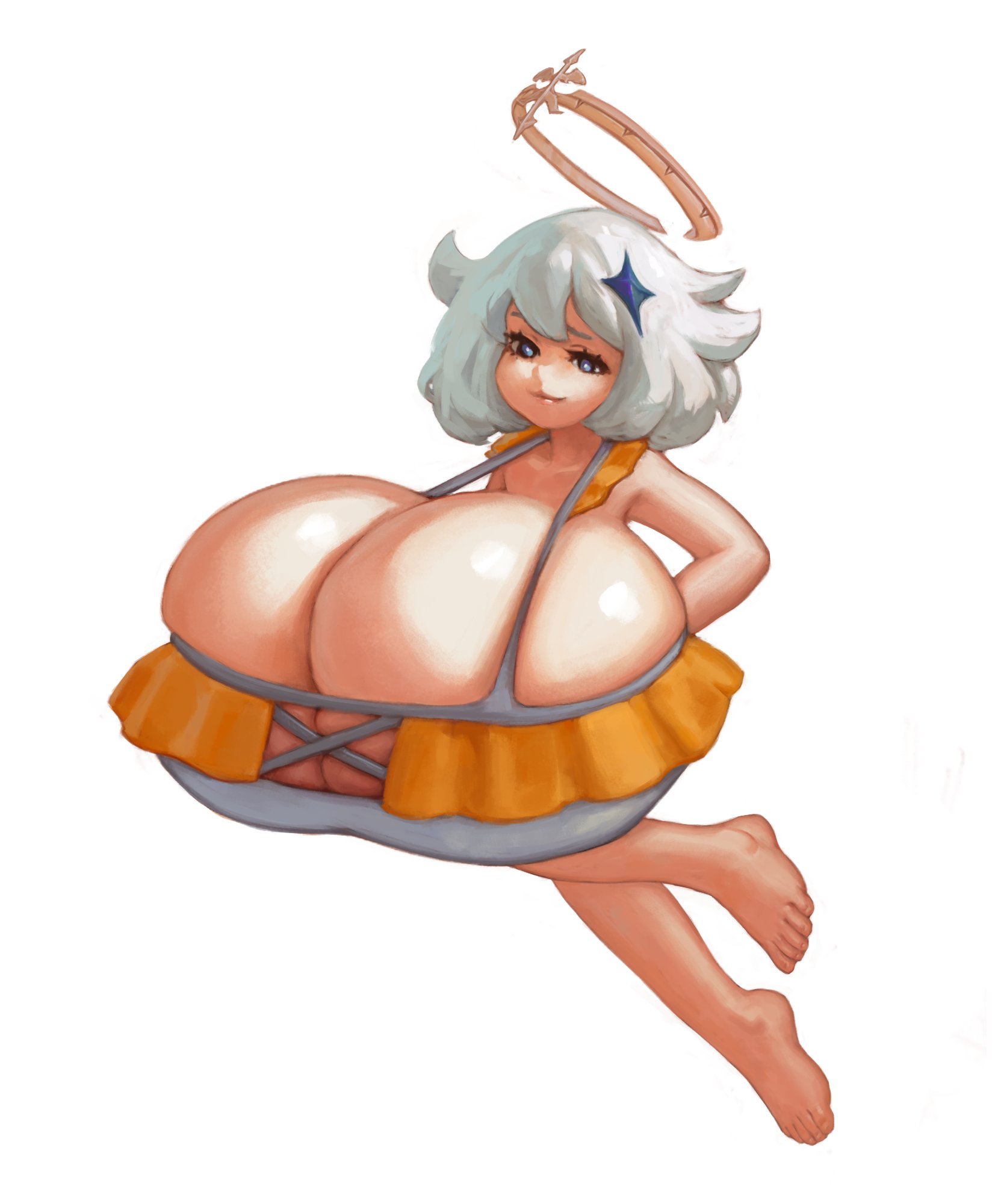 big cleavage, bra, breasts, breasts bigger than body, breasts bigger than head, cleavage, decisivetang (artist), feet, female, genshin impact, grey hair, halo, huge breasts, huge cleavage, hyper, hyper breasts, nude, nude female, paimon (genshin impact), swimsuit