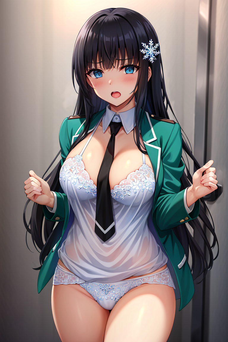 ai_generated alde black_hair blue_eyes mahouka_koukou_no_rettousei shiba_miyuki shy stable_diffusion thighs