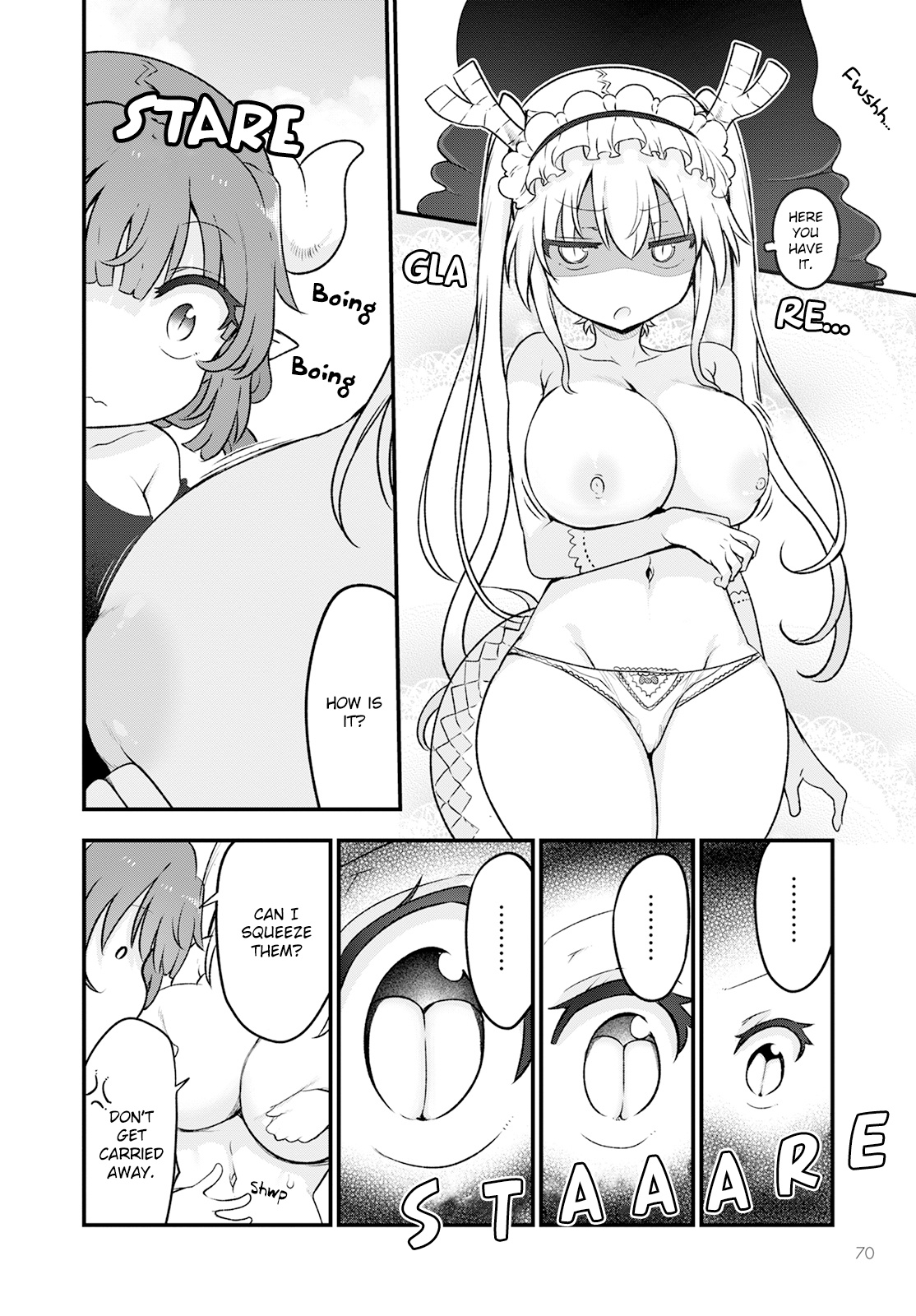 2girls, angry, angry face, breasts, cool-kyou shinja, dragon girl, dragon horns, dragon tail, duo, female, female only, gloves, hourglass figure, ilulu (dragon maid), large breasts, long hair, maid headdress, manga, manga page, miss kobayashi's dragon maid, mostly nude, multiple females, multiple girls, official art, panties, pointy ears, slim waist, surprised, thick thighs, tohru (dragon maid), twintails, wide hips, yuri
