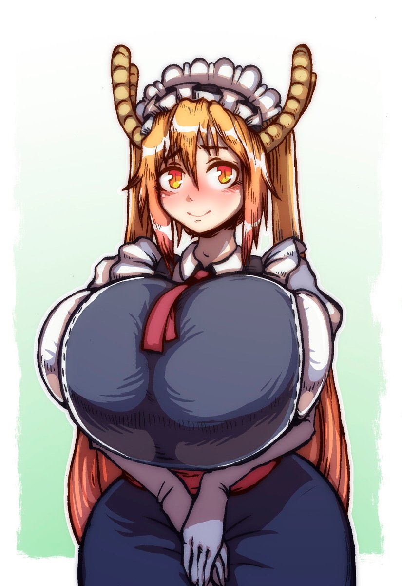 1girls, ass, big ass, big breasts, blonde hair, blush, breasts, breasts bigger than head, dragon girl, dragon horns, female, french maid, gloves, huge breasts, large ass, large breasts, long gloves, long hair, looking at viewer, maid, maid headdress, maid uniform, miss kobayashi's dragon maid, pwcsponson, smile, solo, tagme, tohru (dragon maid), twintails, wide hips