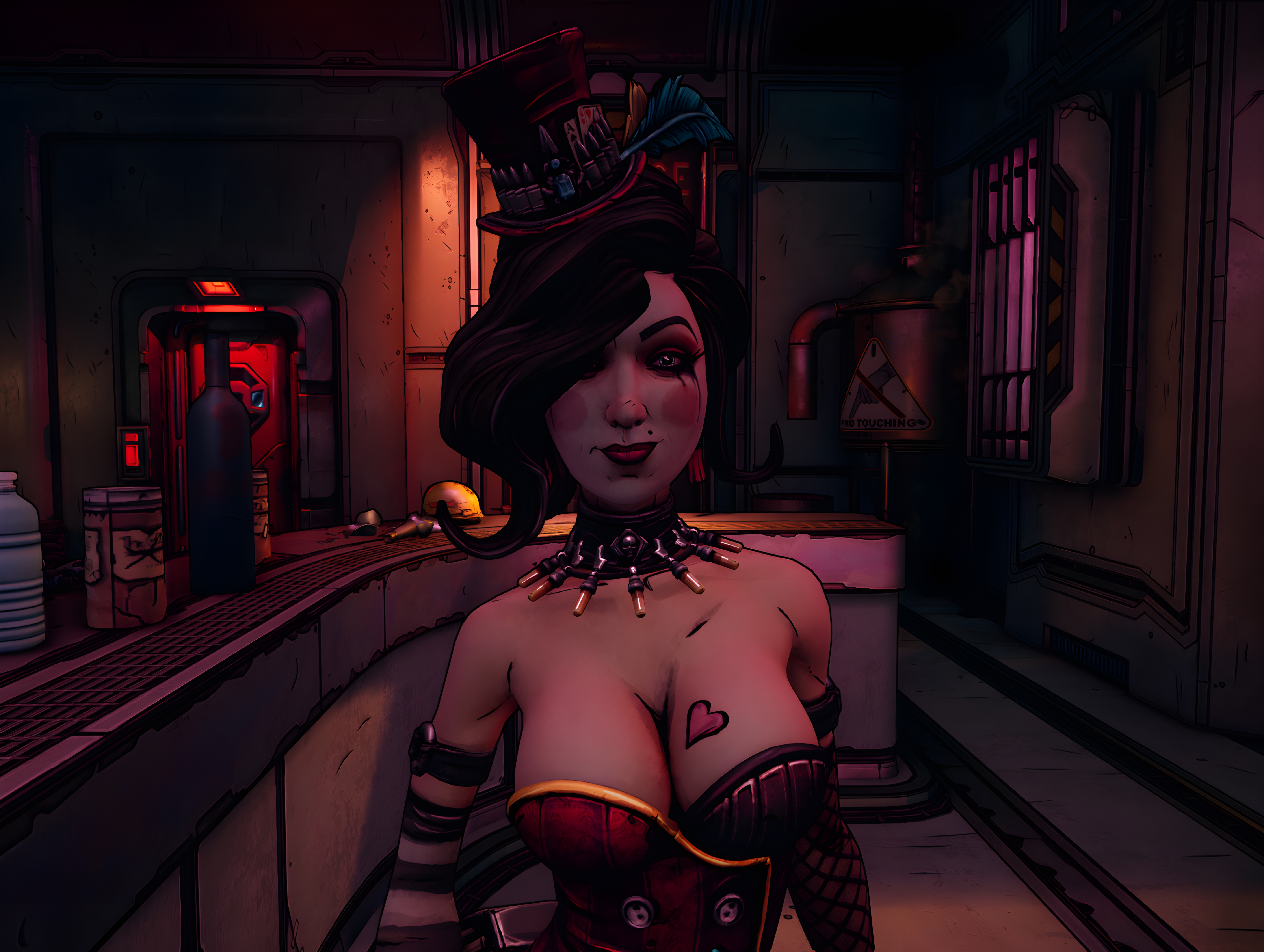 1girls, 3d, beauty mark, borderlands, borderlands 3, breasts, brown hair, cleavage, clothing, cropped, facepaint, female, female only, heart tattoo, large breasts, looking at viewer, mad moxxi, official art, screenshot, screenshot edit, solo, solo female, tagme, tattoo
