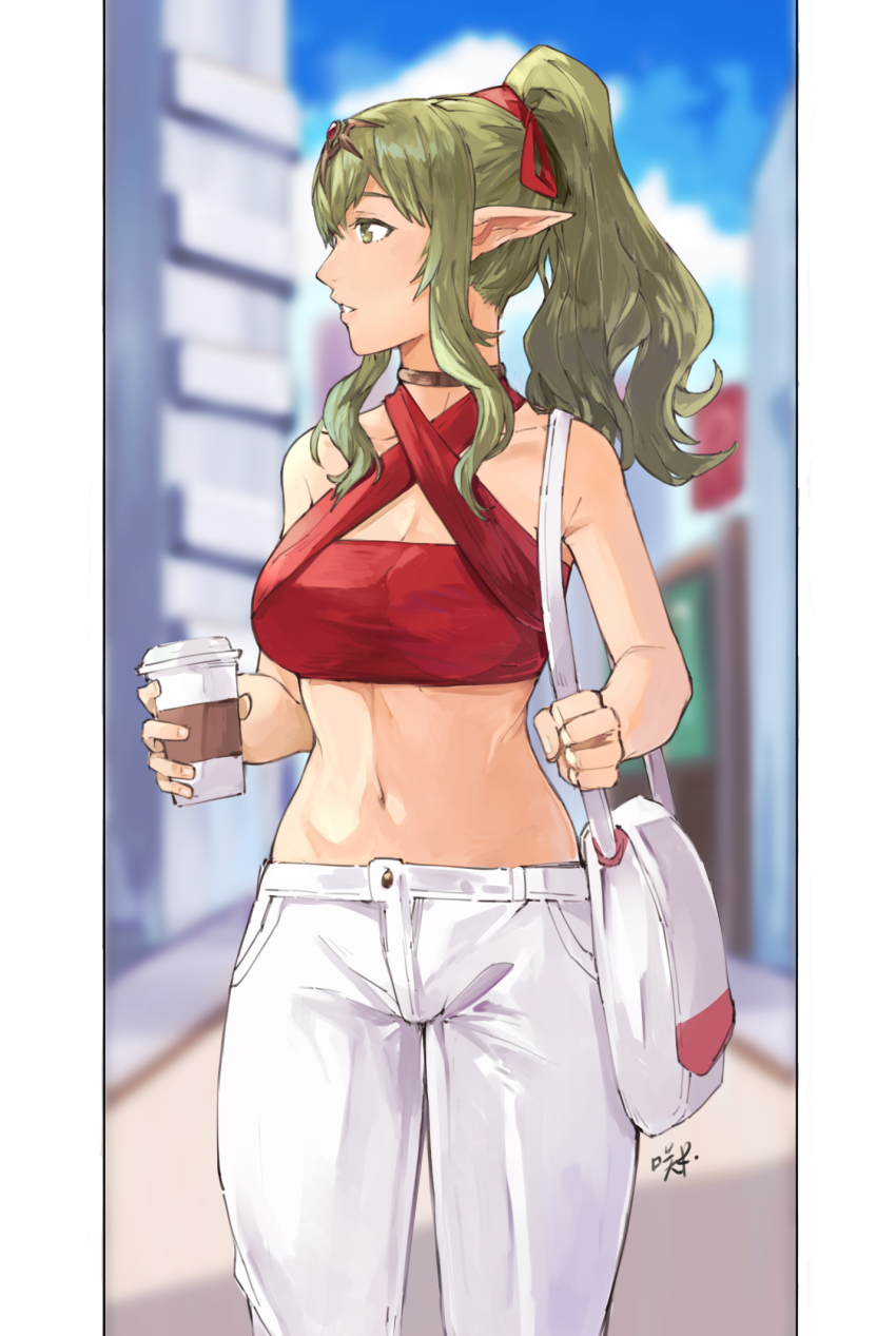 1girls alternate_costume bag bandeau bare_arms bare_shoulders blue_sky blurry blurry_background breasts buildings casual choker clouds coffee_cup commentary_request contemporary cowboy_shot criss-cross_halter crop_top cup day disposable_cup fire_emblem fire_emblem_awakening green_eyes green_hair hair_ribbon halterneck handbag headpiece highres holding holding_coffee_cup large_breasts long_hair looking_to_the_side midriff navel nintendo outdoors outside pants pointy_ears ponytail profile red_bandeau red_ribbon ribbon sakuremi sidelocks sky solo source_larger standing stomach tiki_(adult)_(fire_emblem) tiki_(fire_emblem) white_pants