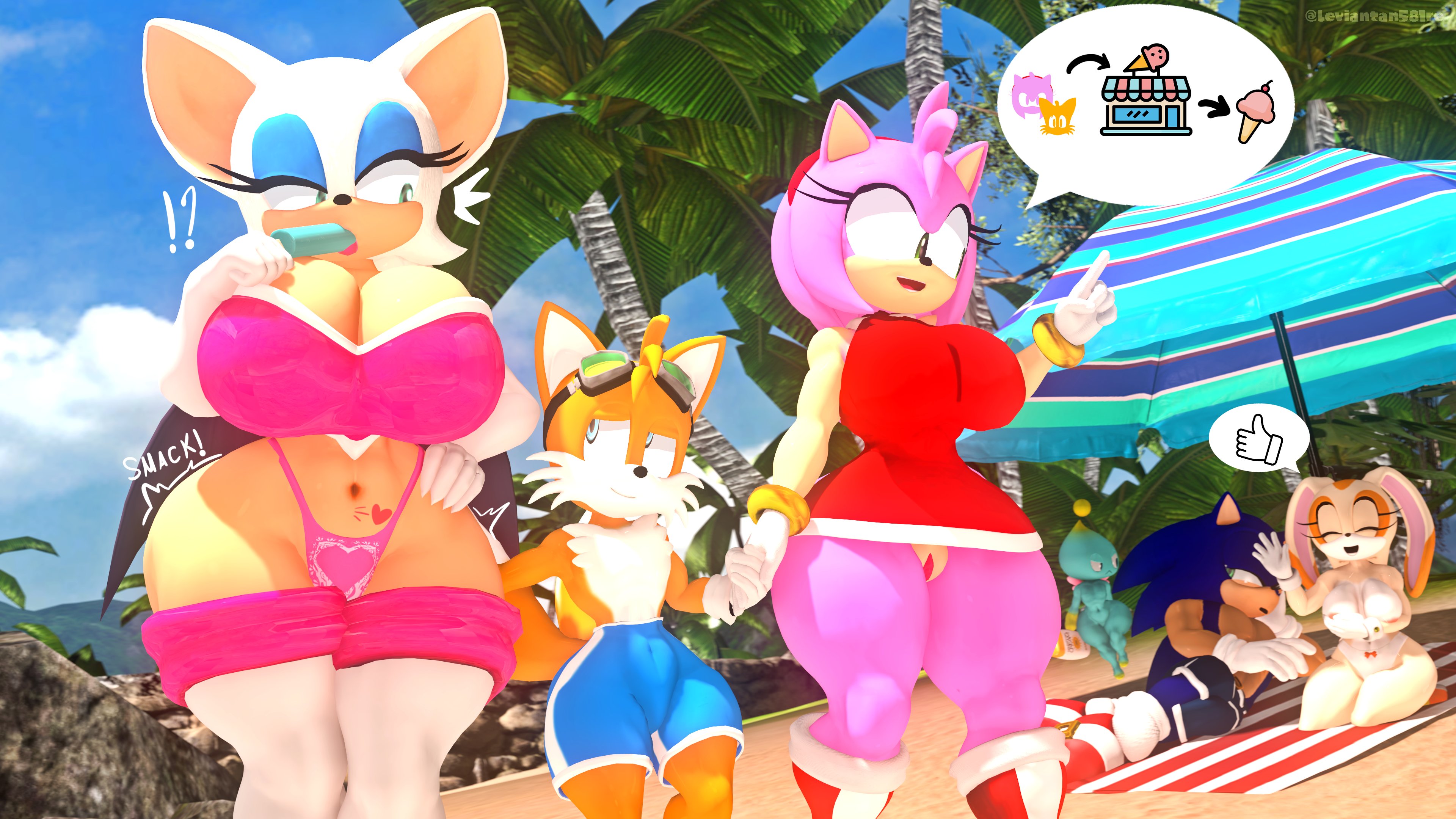 1boy, 2girls, 3d, 3d (artwork), 3d model, aged up, amy rose, anthro, anthro only, areola, bat, beach, breasts, chao (sonic), cheese the chao, cleavage, covering, covering breasts, cream the rabbit, female, fox, furry, group, hedgehog, huge breasts, imminent sex, large breasts, leviantan581re, male, mature female, mobian, mobian (species), mobian bat, multiple boys, multiple females, multiple girls, multiple males, no panties, no underwear, older female, older female and younger male, older male, pussy, rabbit, rouge the bat, sega, skimpy, skimpy bikini, sonic (series), sonic adventure 2, sonic the hedgehog, sonic the hedgehog (series), speech bubble, straight, tagme, tails, tails the fox, voluptuous, younger female, younger male