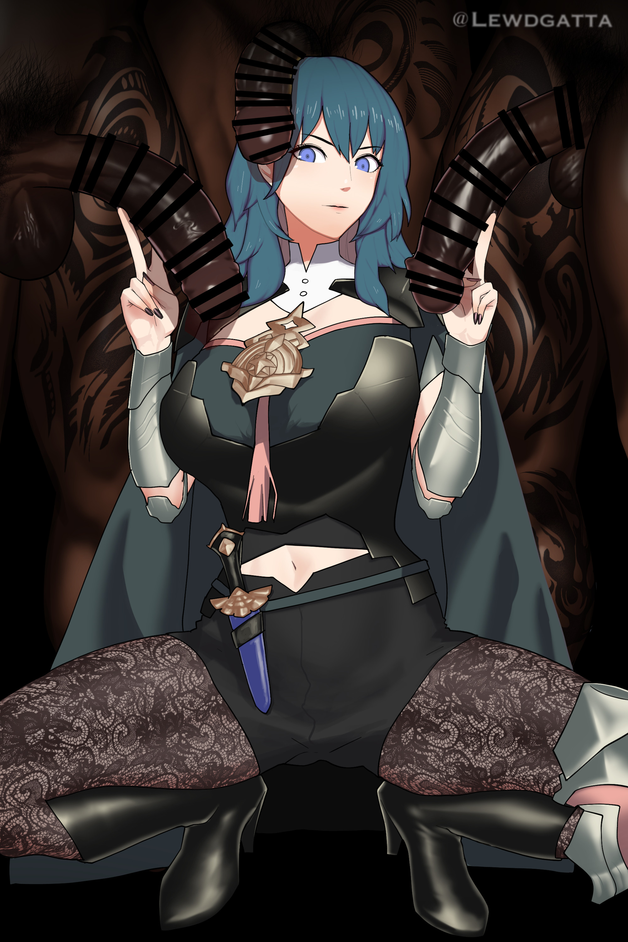 1girls, 3boys, black penis, blue eyes, breasts, byleth (fire emblem), byleth (fire emblem) (female), censored, dark skin, dark-skinned male, double v, emotionless, expressionless, female, fire emblem, fire emblem: three houses, high heel boots, high heels, interracial, lace, large breasts, leggings, legwear, lewdgatta, male, medium hair, multiple boys, multiple males, nintendo, penis, squatting, teal hair, unamused
