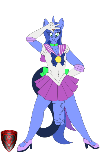 anthro artist_logo bishoujo_senshi_sailor_moon bottomwear clothed clothing cock_hanging crossdressing equid equine fan_character footwear friendship_is_magic gesture hasbro high_heels horn ladyfoxheart logo male male_only mammal my_little_pony mystic_moonlight_(oc) skirt smile solo unicorn v_sign