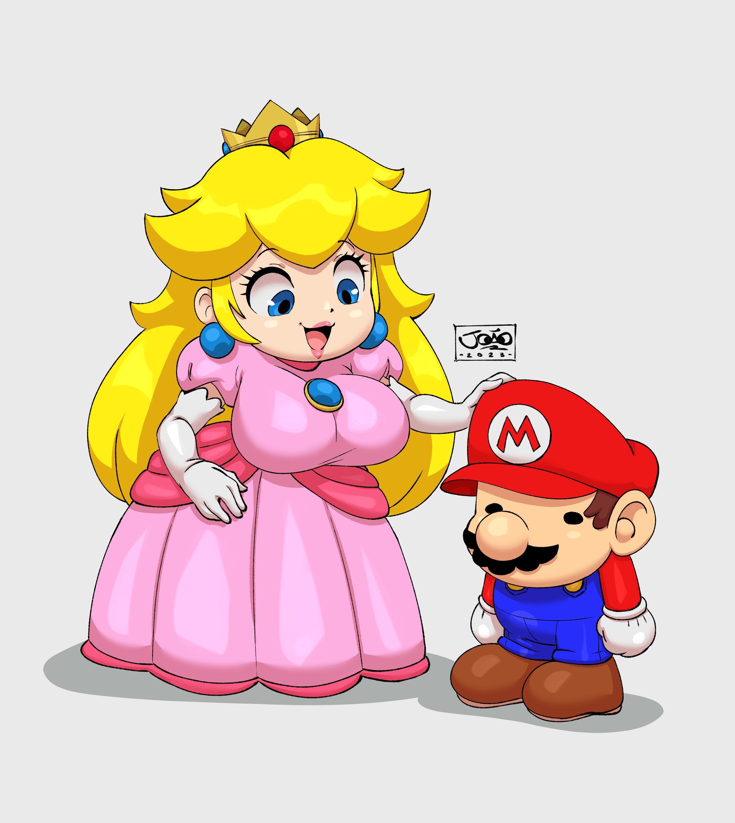 big breasts, blonde hair, breasts, female, joaoppereiraus, male, mario, mario (series), open mouth, pink dress, princess peach, sfw, super mario rpg, super mario rpg remake, tagme