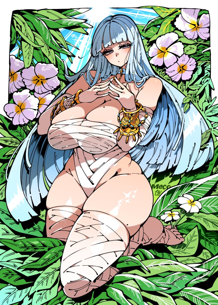 1girls bandage big_breasts blue_hair blush breasts commission female female_focus female_only flower gold_jewelry kafun leaves leaves_on_ground long_hair looking_at_viewer on_knees solo solo_female solo_focus thick_thighs white_skin wide_hips wraps