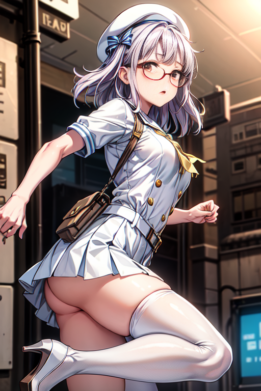 ai_generated ass bare_shoulders blush breasts brown_eyes female from_behind glasses goddess_of_victory:_nikke hat high_heels long_hair looking_at_viewer medium_breasts miniskirt neon_(nikke) open_mouth sailor_collar sailor_shirt sailor_uniform satsuki_von shiny shiny_clothes shiny_hair shiny_skin sideboob silver_hair skirt solo thick_thighs thighhighs