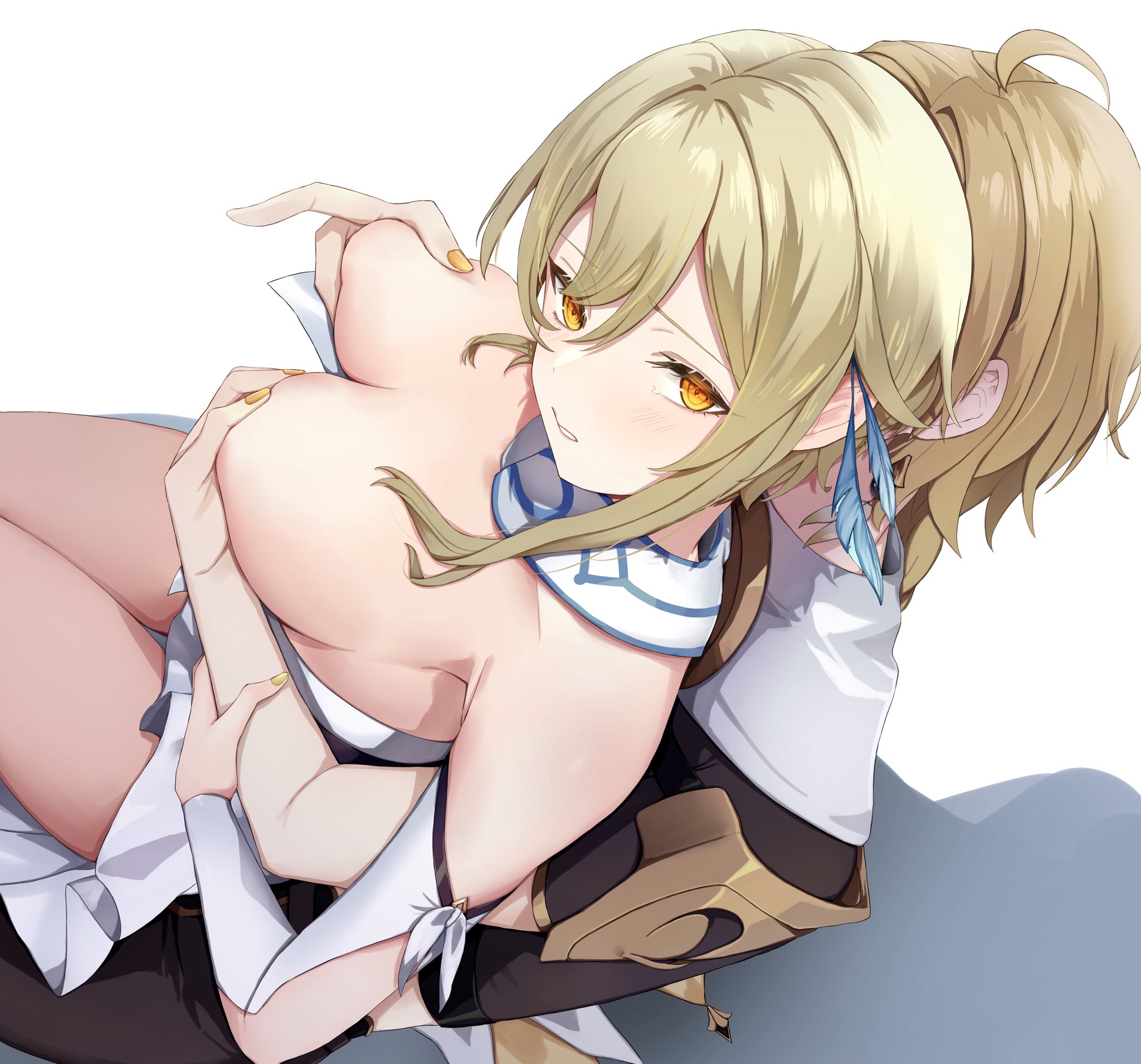 1boy, 1girls, aether (genshin impact), big breasts, blonde hair, blushing, breast grab, breasts, brother and sister, embarrassed, female, genshin impact, golden eyes, grope, groping, groping breasts, groping from behind, hair ornament, hoyoverse, incest, lumine (genshin impact), male, male/female, mihoyo, painted fingernails, questionable consent, siblings, sitting on lap, straight, tagme, thigh gap, twincest, twins, uncensored, yurua (user egfg3482)