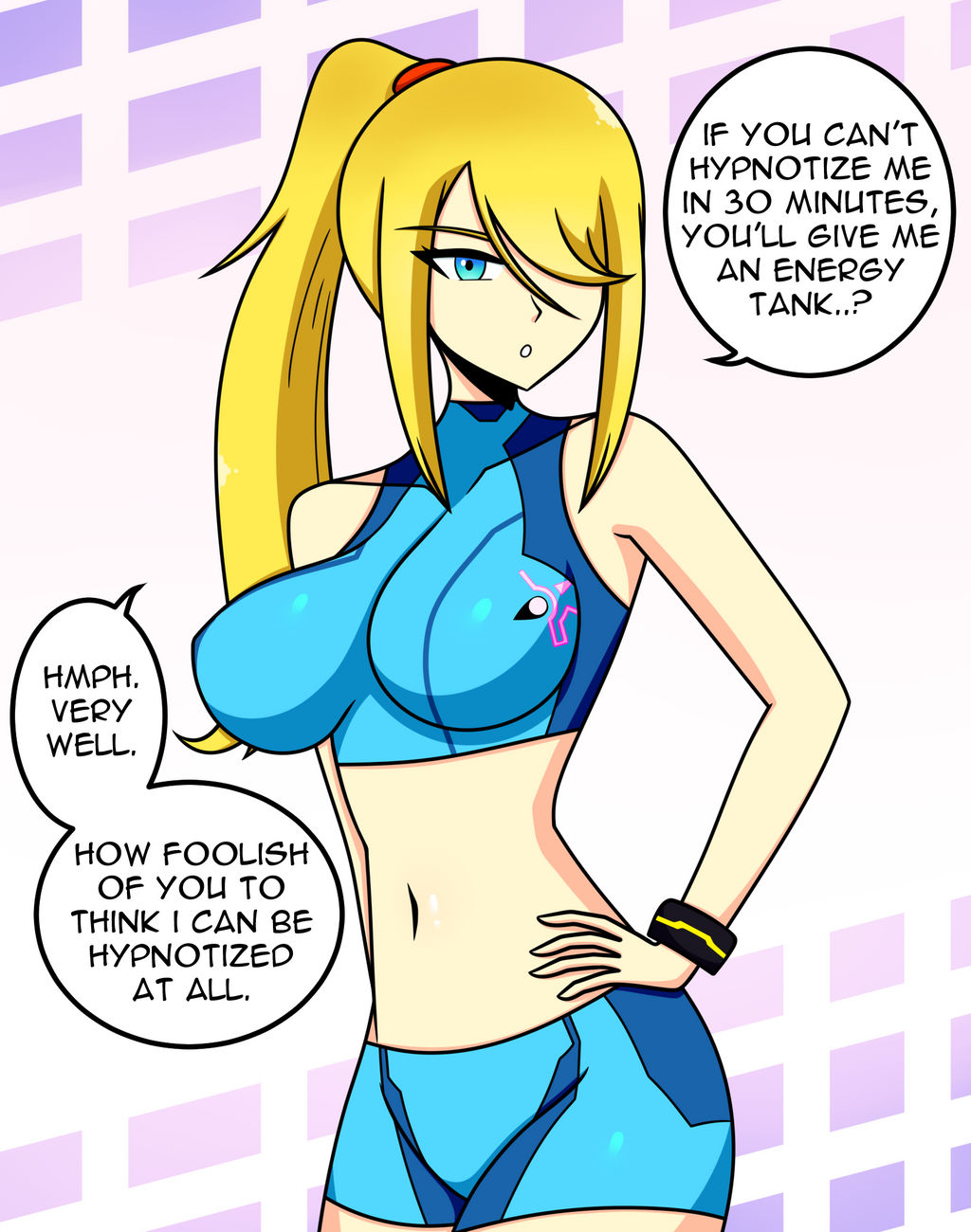 1girls blonde_hair blue_crop_top blue_eyes blue_shorts bracelet breasts crop_top english_text hair_over_one_eye hand_on_hip hypnosis large_breasts looking_at_viewer metroid midriff mind_control navel nintendo ponytail samus_aran shorts sortish-kinda text text_bubble