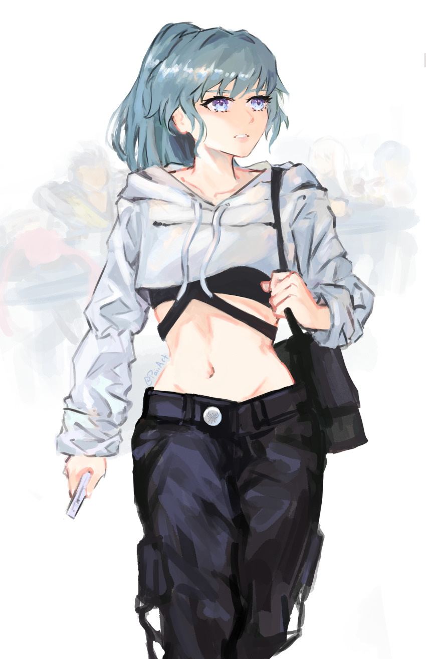 1girls absurdres alternate_costume alternate_hairstyle bag black_pants black_shirt blue_eyes blue_hair breasts byleth_(fire_emblem) byleth_(fire_emblem)_(female) casual commentary_request contemporary cowboy_shot crop_top cropped_hoodie drawstring fire_emblem fire_emblem:_three_houses handbag highres holding holding_phone hood hoodie long_hair looking_to_the_side medium_breasts midriff navel nintendo paiiart pants parted_lips phone ponytail shirt shoulder_bag solo source_larger standing stomach white_background white_hoodie