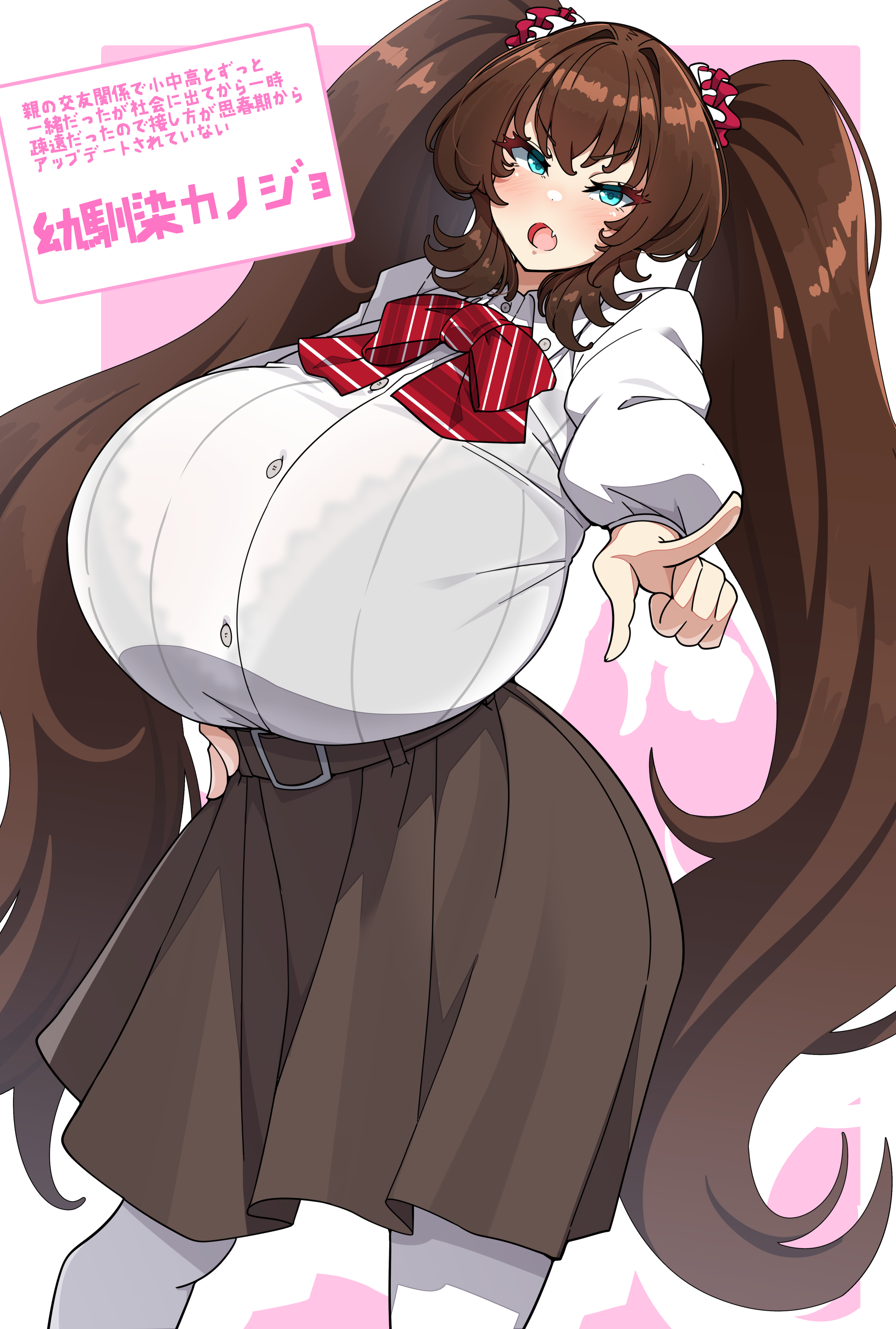 1girls, 2023, absurd res, absurdly long hair, belt, blue eyes, blush, bow, bowtie, bra, bra visible through clothes, breasts, brown hair, buttons, character name, childhood friend, childhood friend girlfriend (konoshige), clothed, clothing, fangs, female, female only, frills, gigantic breasts, hand on hip, highres, huge breasts, japanese text, konoshige (ryuun), long hair, long twintails, looking at viewer, open mouth, original, original character, pink background, pointing, pointing at viewer, ryuun (stiil), shirt, simple background, skirt, solo, standing, teeth, text, thighhighs, tied hair, tight clothing, tongue, translated, tsundere, twintails, underwear, very long hair, white border