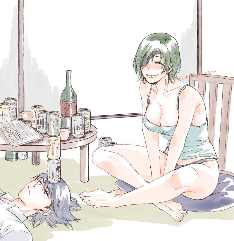 1boy 1girls 1mura_mura ^_^ balancing balancing_beer_on_head bare_arms bare_shoulders barefoot beer beer_can big_ass big_breasts chainsaw_man cleavage eyepatch female green_hair grin happy_female hayakawa_aki himeno_(chainsaw_man) indoors laughing lying lying_on_floor mappa medium_breasts no_bra no_pants object_on_head on_back on_floor panties short_hair smile table tank_top thick_thighs wholesome