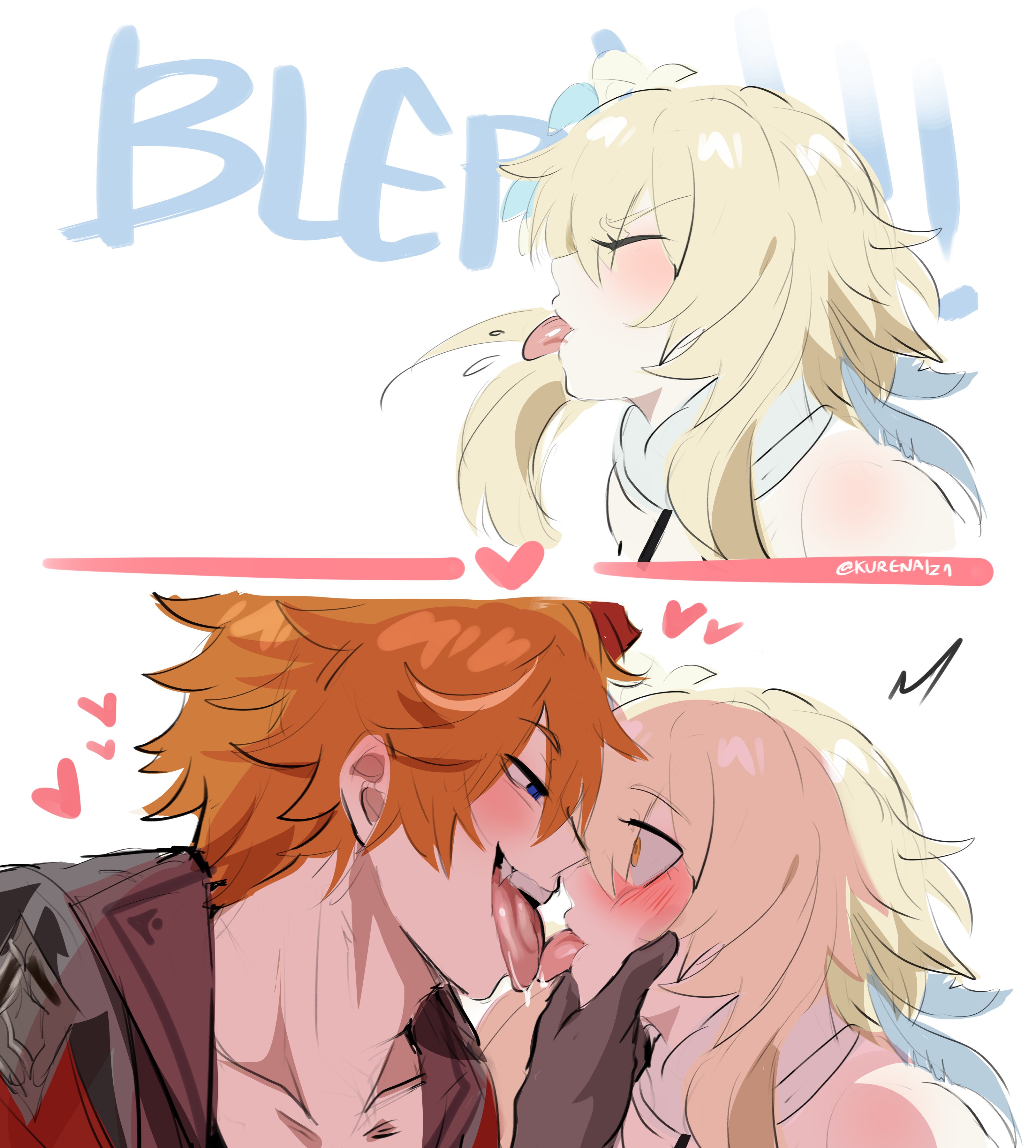 1boy, 1girls, blonde hair, blush, childe (genshin impact), face grab, female, french kiss, genshin impact, ginger, heart, holding face, kissing, kurenaiz1, lumine (genshin impact), male, straight, surprise kiss, surprised, surprised expression, tagme, tartaglia (genshin impact), tongue, tongue kiss, tongue out, tongues touching