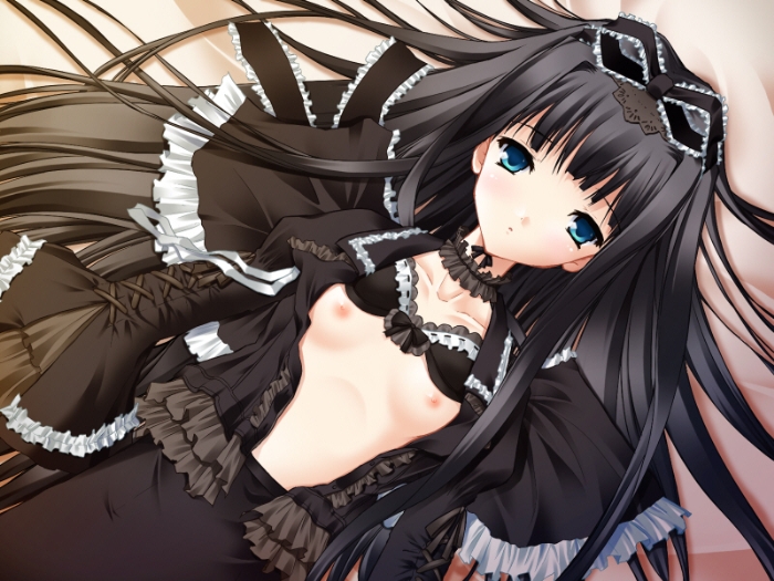 black_hair bra_lift gothic_lolita long_hair maya_(triptych) nimura_yuuji open_clothes open_shirt pettanko shirt triptych