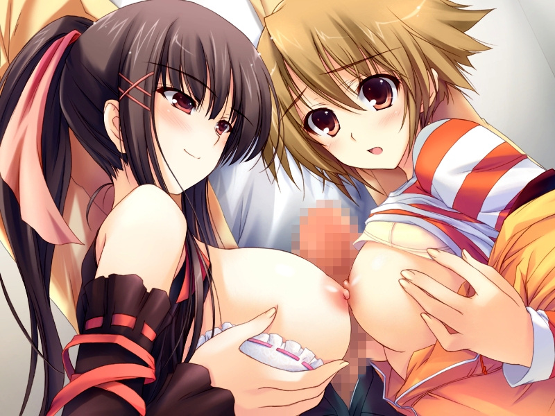 1boy 2girls black_hair breasts breasts_out brown_eyes brown_hair censored collaborative_paizuri double_paizuri double_teacher_life ffm_threesome game_cg hanimi_shiina large_breasts long_hair multiple_girls nipples open_mouth paizuri penis ponytail sasazuka_miyako short_hair smile striped_clothing striped_shirt threesome tomose_shunsaku