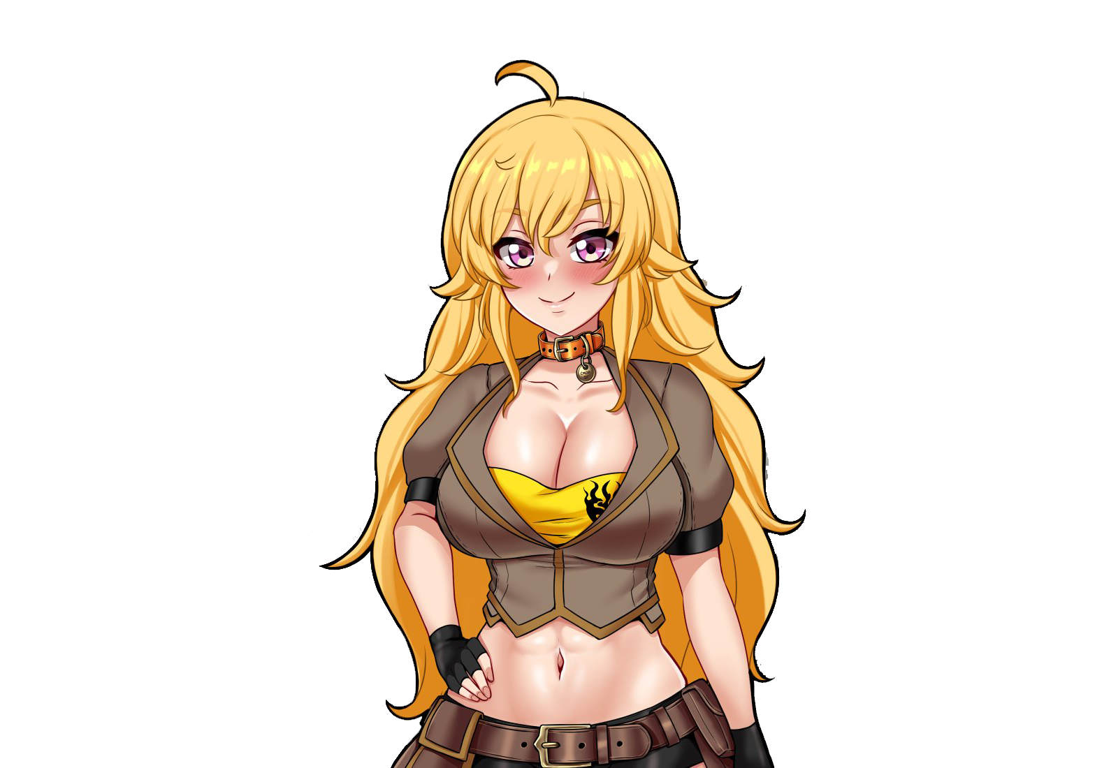 1girls, big breasts, blonde hair, breasts, busty, cleavage, collar, confident, female, female only, fingerless gloves, hand on hip, large breasts, long hair, looking at viewer, midriff, navel, pink eyes, pose, posing, purple eyes, rwby, skirt, smile, solo, tabletknight, voluptuous, yang xiao long, yellow hair