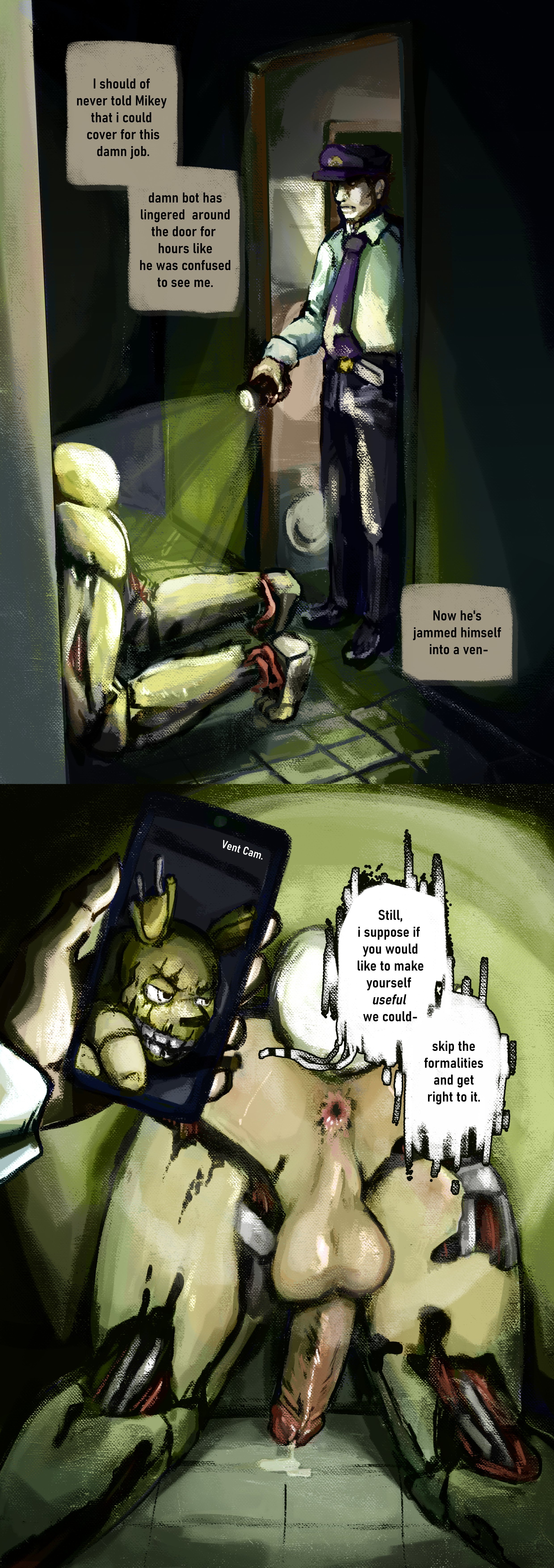 2boys, absurd res, anthro, ass, back view, balls, clothed, clothing, cum, dialogue, english, english text, first person view, five nights at freddy's, five nights at freddy's 3, fnaf, from behind, furry, gay, green body, green skin, hi res, human, humanoid, imminent sex, looking at another, machine, male, male only, male/male, night guard (fnaf), nude, penis, pov, precum, presenting, rabbit, robot, springtrap, springtrap (fnaf), stuck, tail, text