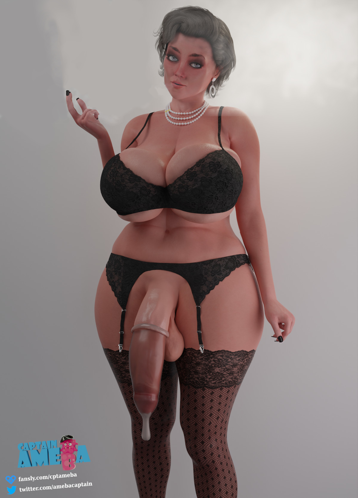 1futa, 2023, 3d, after sex, balls, big balls, big breasts, big penis, black lingerie, breasts, captain ameba, condom, cum in condom, ear ring, elderly female, fansly, female, flaccid, futanari, gilf, grey eyes, grey hair, huge cock, intersex, mature futa, milf, painted nails, pearl necklace, penis, solo, solo futa, twitter link