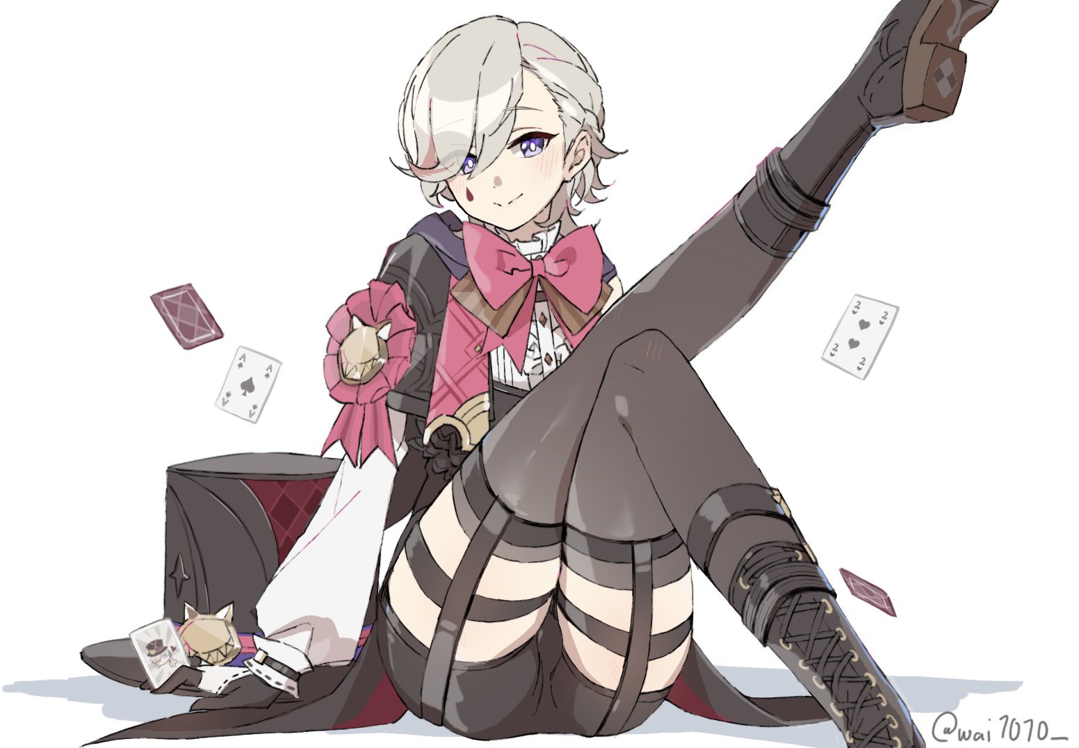 1boy, artist name, boots, bow, card, feet, feet up, femboy, garter straps, genshin impact, hat, hi res, lyney (genshin impact), male, male only, otoko no ko, shorts, smile, solo, teardrop, thick thighs, thighhighs, thighs, trap, twink, wai1010, white background