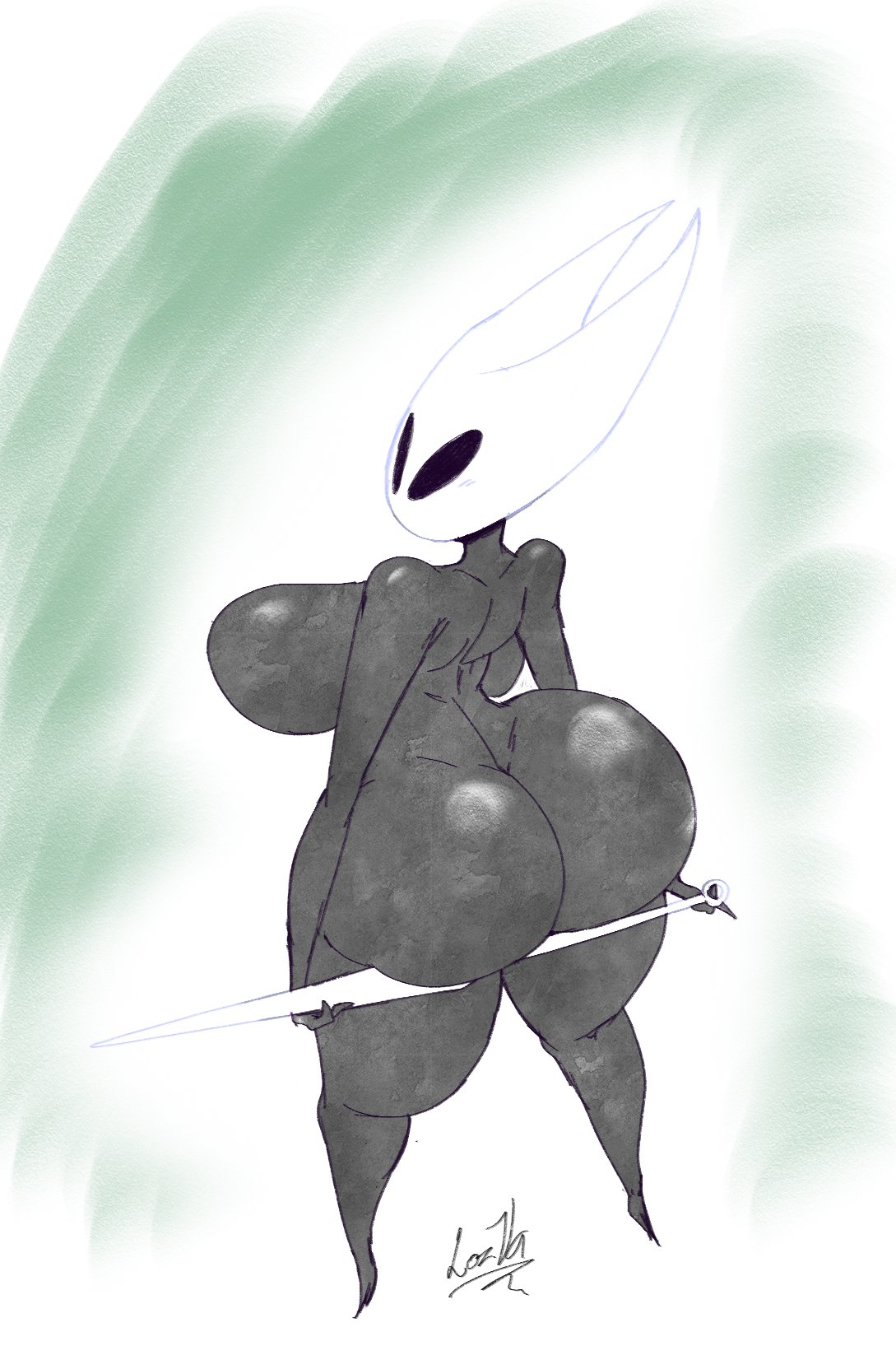 ass, big ass, big breasts, big butt, black and white, black body, breasts, bubble ass, bubble butt, female, hollow knight, hornet (hollow knight), olozva, sketch, thick, thick ass, thick legs, thick thighs