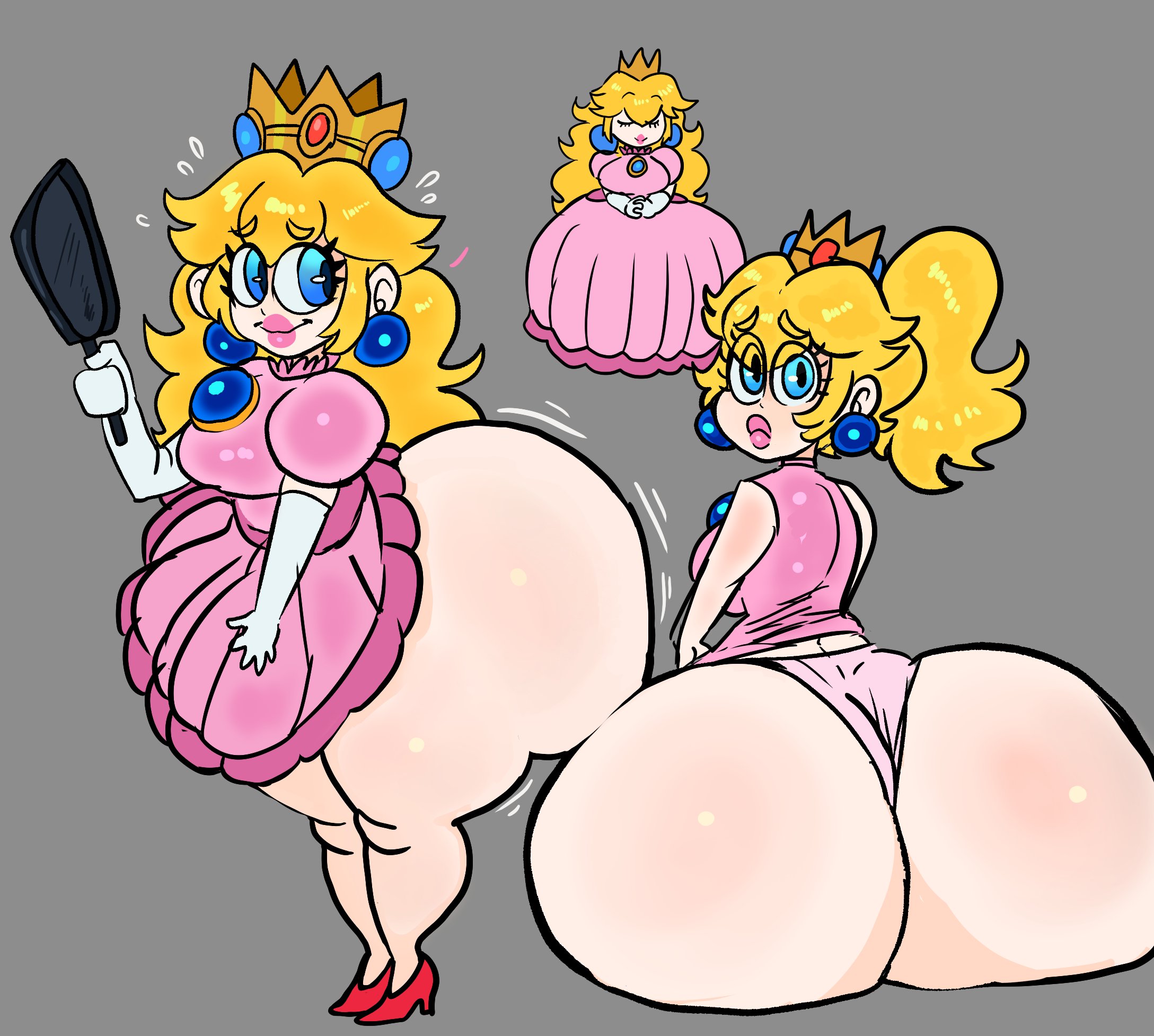 1girls, ass, big ass, big butt, blonde, blonde hair, blue eyes, bottom heavy, bubble ass, bubble butt, dress, earrings, fat ass, fat butt, female, female only, huge ass, huge butt, hyper ass, large ass, large butt, lemonadepikachu, long hair, looking at viewer, looking back, mario (series), multiple views, nintendo, plump, ponytail, princess, princess peach, short hair, shortstack, solo, super mario rpg, super mario rpg remake, thick ass, thick thighs, voluptuous, wide hips