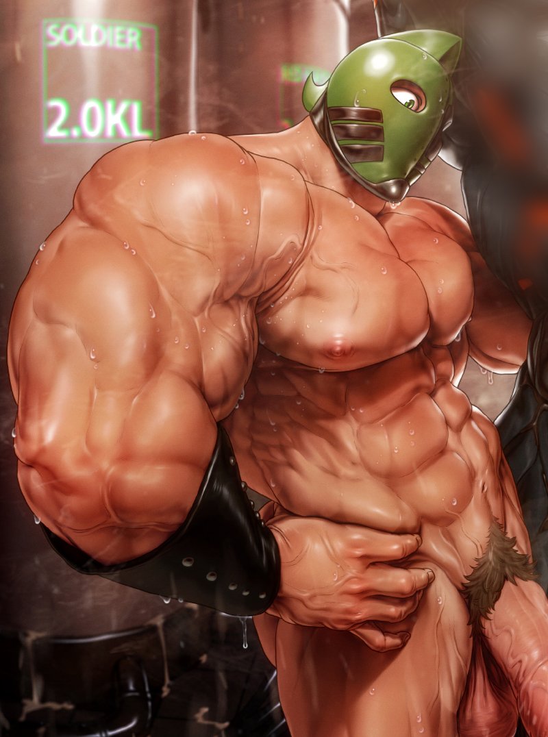 abs ataru_(kinnikuman) balls bara big_balls big_muscles big_pecs big_penis kinnikuman male male_only mask mask_only masked_male muscular muscular_male navel nude penis rokudenashi solo sweat