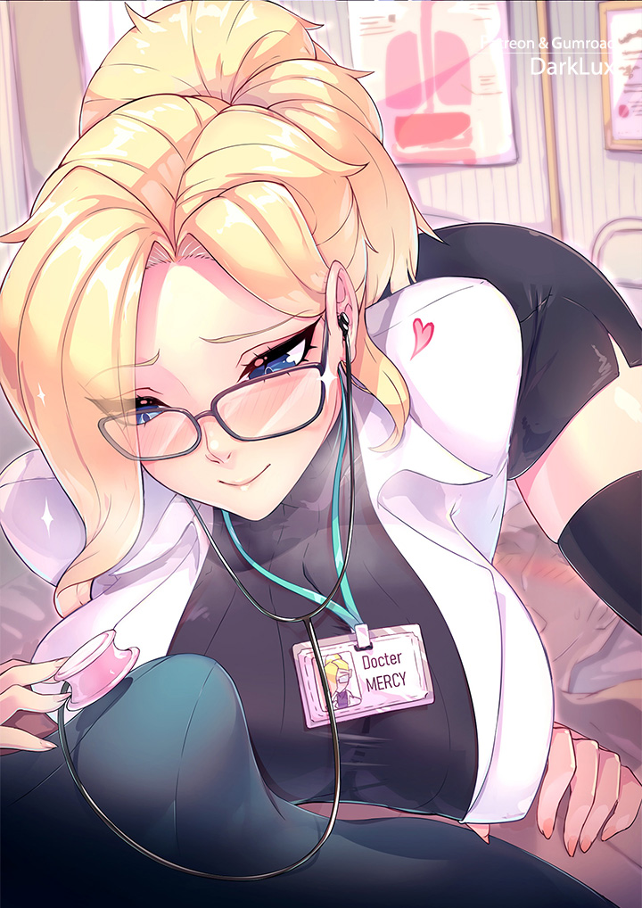 1boy 1girls 2d 69_position angela_ziegler big_penis black_sweater black_thighhighs blonde_hair blonde_hair_female blue_eyes blush blush_lines blushing bulge busty closed_mouth closed_smile clothed clothing darklux doctor doctor_on_patient eyebrows eyelashes female focused glasses heart heavy_breathing id_card lab_coat labcoat leaning_forward light-skinned_female light_skin lips long_hair looking_down male mercy nail_polish neckwear nurse on_back overwatch pants ponytail shirtless_male skirt sparkles stethoscope stethoscope_between_breasts straddling sweater tagme thighs tied_hair unprofessional_behavior visible_breath