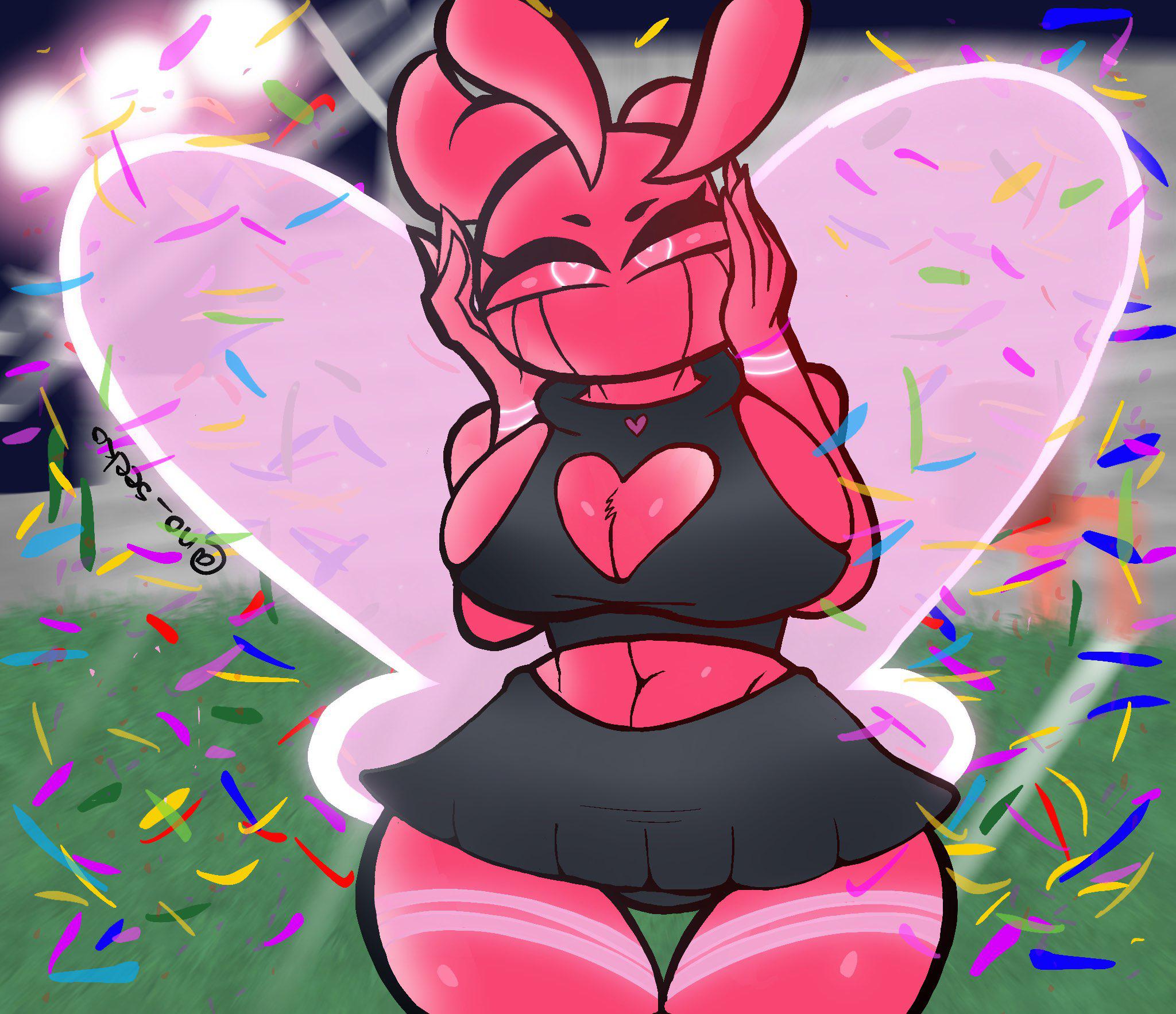 antennae, anthro, athletic, athletic female, big breasts, bra, breasts, cheerleader, cheerleader uniform, chest fur, cleavage, confetti, demon, eyelashes, female, friday night funkin, friday night funkin (minus mod), furry, hands on face, heart cutout, heart-shaped pupils, horns, insect, maku (retrospecter), moth, navel, no seeko, panties, skirt, solo, sports bra, wide hips, wings