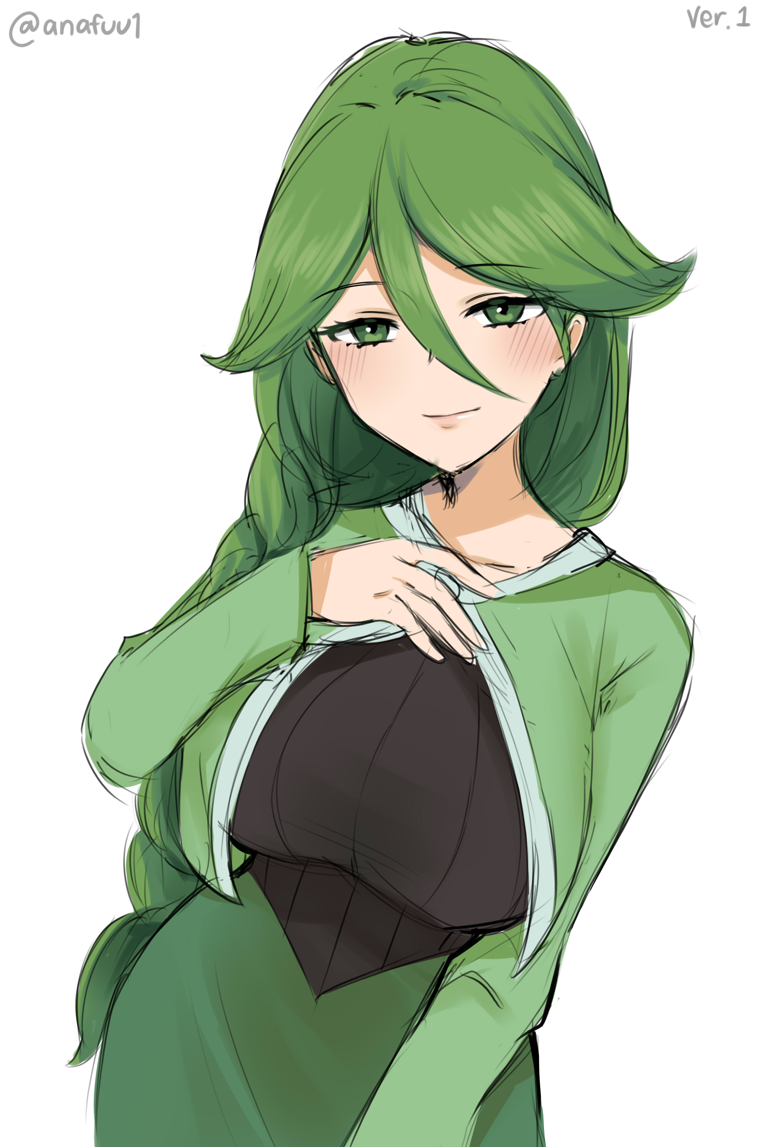1girls, anafuu, big breasts, breasts, cheryl (pokemon), female, female only, green eyes, green hair, pokemon, sfw