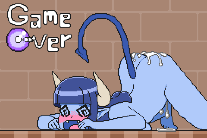 2d after_sex anne_(arcnod) anthro arcnod ass blue_body blue_hair blush bodily_fluids cum cum_in_pussy cum_inside cum_on_butt dazed defeated demon demon_girl digital_media_(artwork) female game_over game_over_screen game_screen gameplay_mechanics genital_fluids hair horn humanoid impregnation long_hair ovum pixel_(artwork) pixel_art solo spade_tail spiral_eyes tail