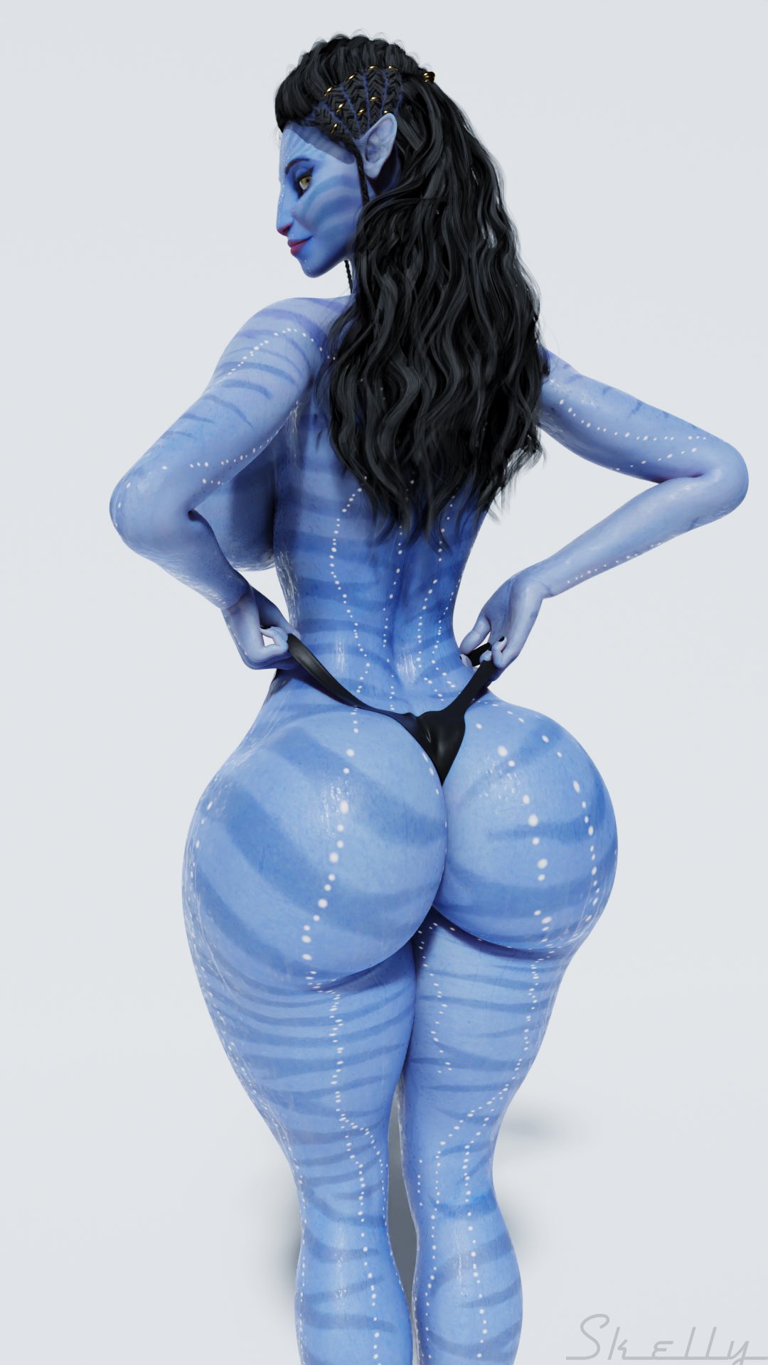 1girls 3d alien alien_girl alien_humanoid alien_only ass avatar black_hair blue_skin breasts butt female female_only huge_ass looking_at_viewer looking_back na'vi presenting_hindquarters rear_view skelly3d striped_body thick thick_ass thong thong_only thong_pull